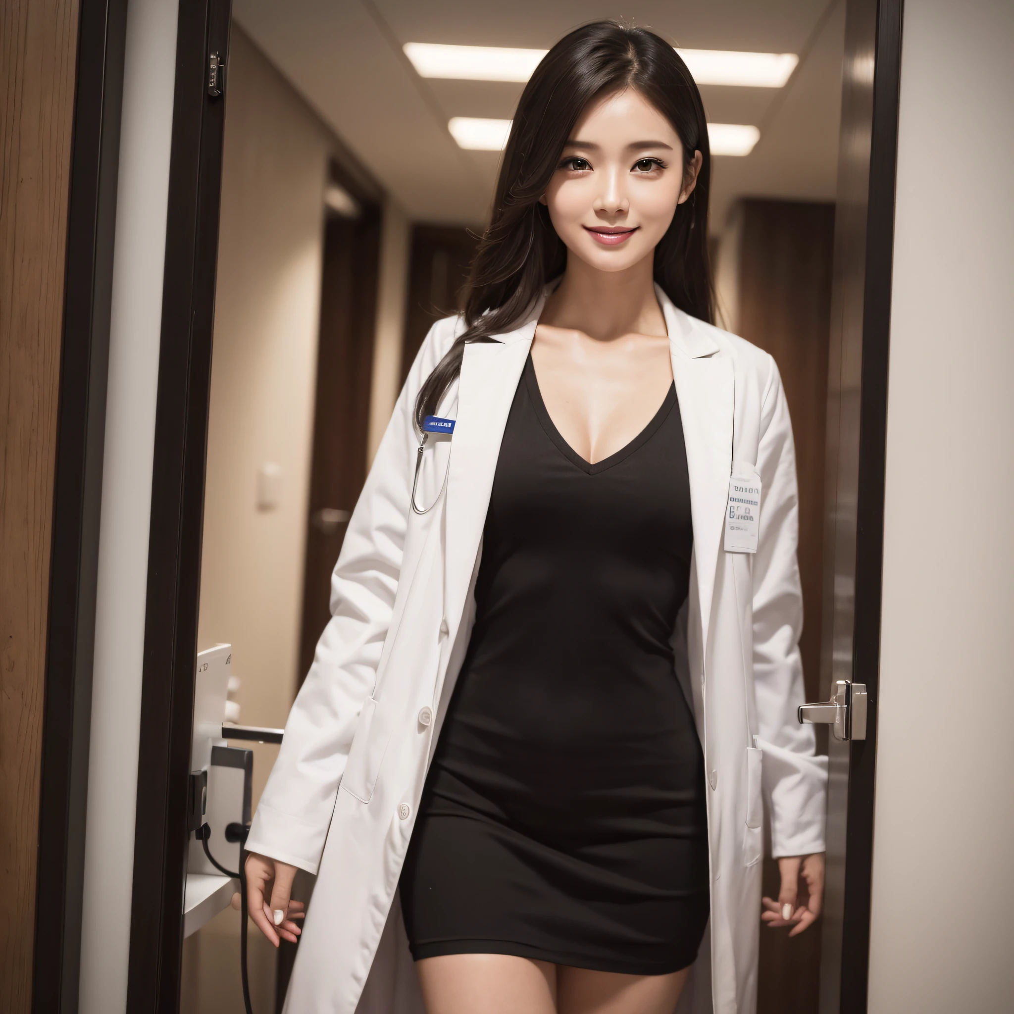1womanl、(Super beautiful)、(beauitful face:1.5)、physician、(Dressing:1.3)、(White coat for doctors:1.5)、white shirt、(a miniskirt:1.3)、Sit in a chair in the exam room、(showing panties)、(white panties:1.1)、(with spreading legs:1.4)、(stethoscope)、(At SFW:1.1)