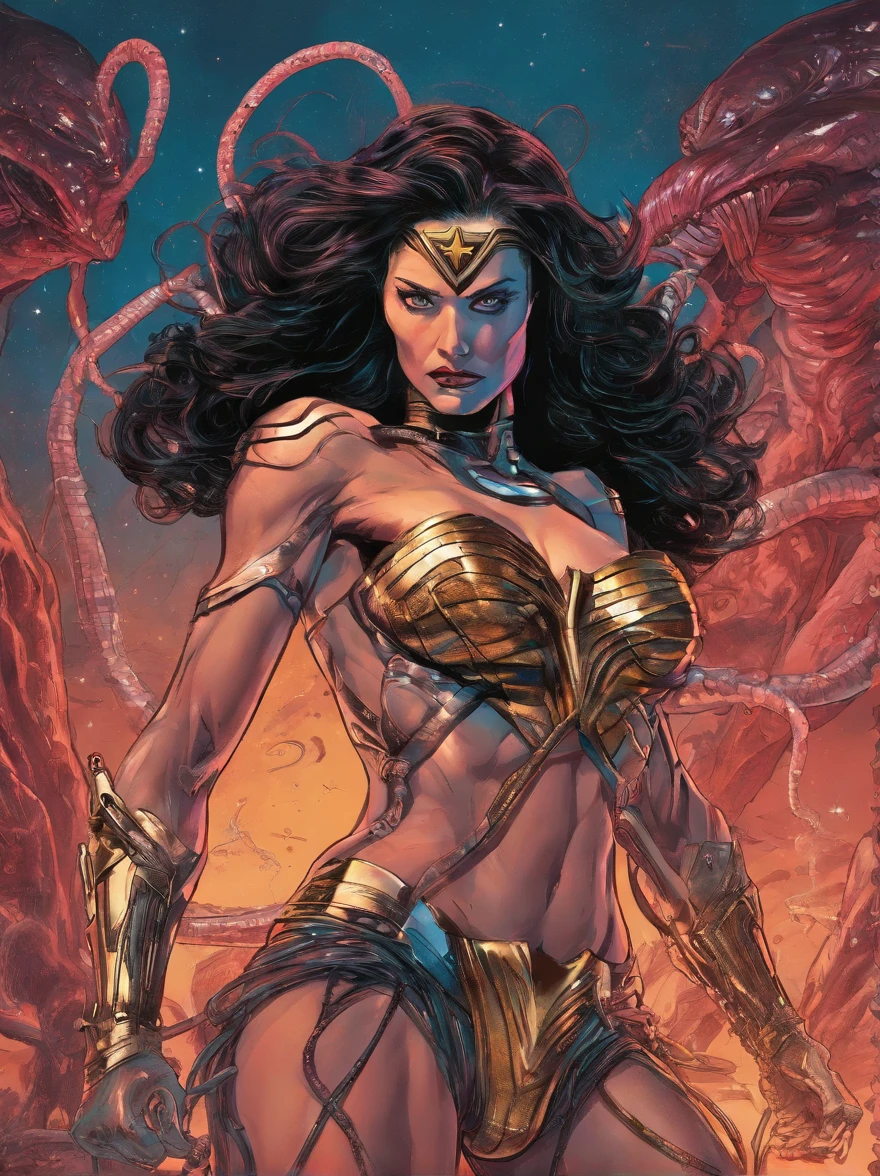 ((fantasy art)), action, heroism, grandeur, power, sensuality, dazzling shadows, expertly detailed, epic, powerful and profound. Wonder Woman from DC Comics is standing on a large rock, she is above us, we have a view from below, Wonder Woman is incredibly beautiful, slender, dynamic pose, action pose, knees slightly bent, she is holding a sword in her right hand and shield in her left hand, her legs are slightly bent, dynamic pose, battle pose, she stares at the camera, Her hair is very long and flowing. Full body, full body body. view from below, she is on top of a large rock, the waves crash against the rock she is standing on, it is raining. Style Jim Lee, Ed Benes, Ivan Reis, Frank Cho. ((best quality)), ((masterpiece)), (high resolution: 1.2), ((best quality)), ((masterpiece)), (high resolution: 1.2)