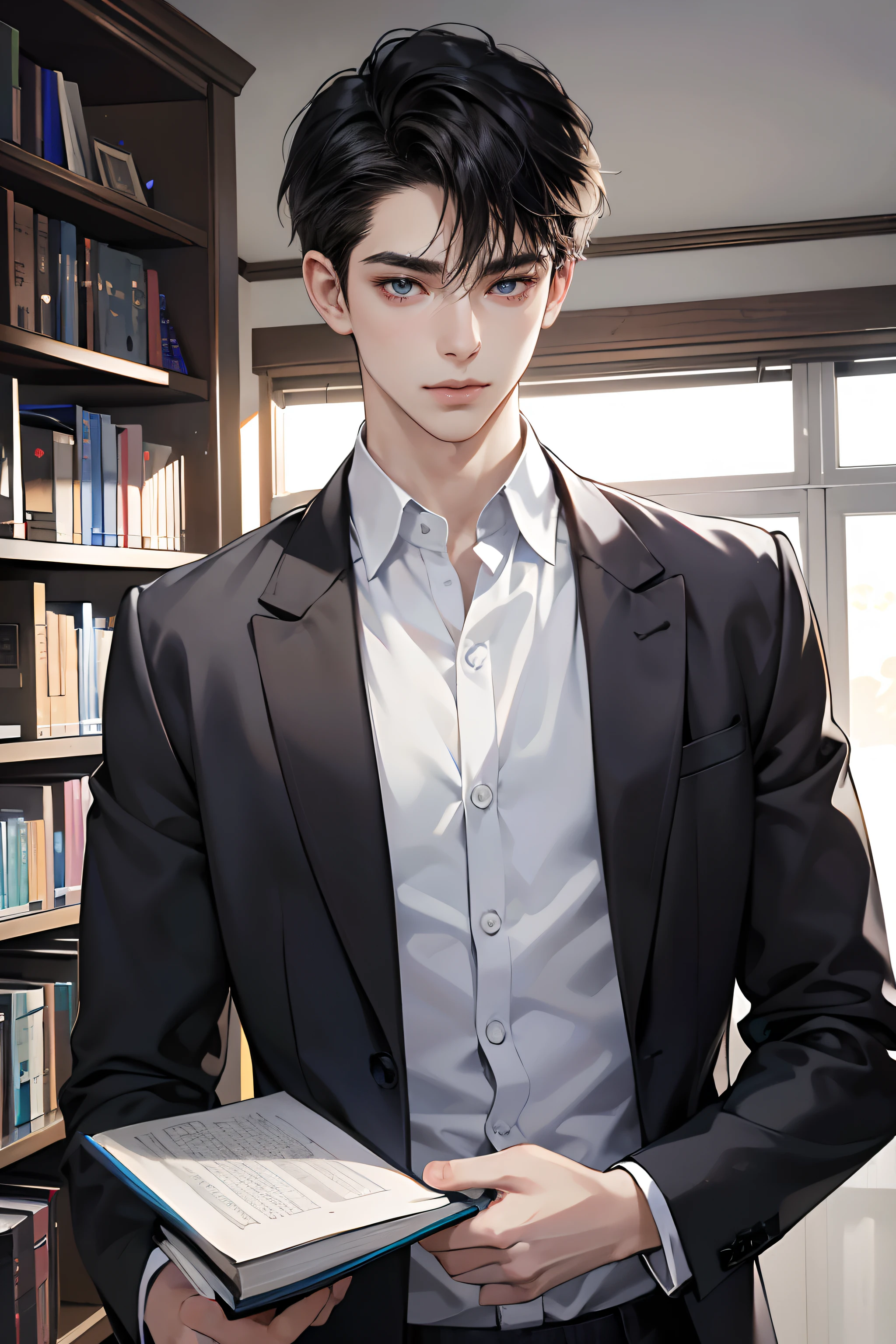 (tmasterpiece,high resolution,ultra - detailed:1.0),1 boy,Perfect male body,Look at the camera,Delicate eyes and delicate face,Extremely detailed CG,Unity 8k wallpaper,Complicated details,solo person,(School uniform, white shirt,Holding a book.), school, color difference, Depth of field,dramatic shadow,Ray tracing,Best quality,