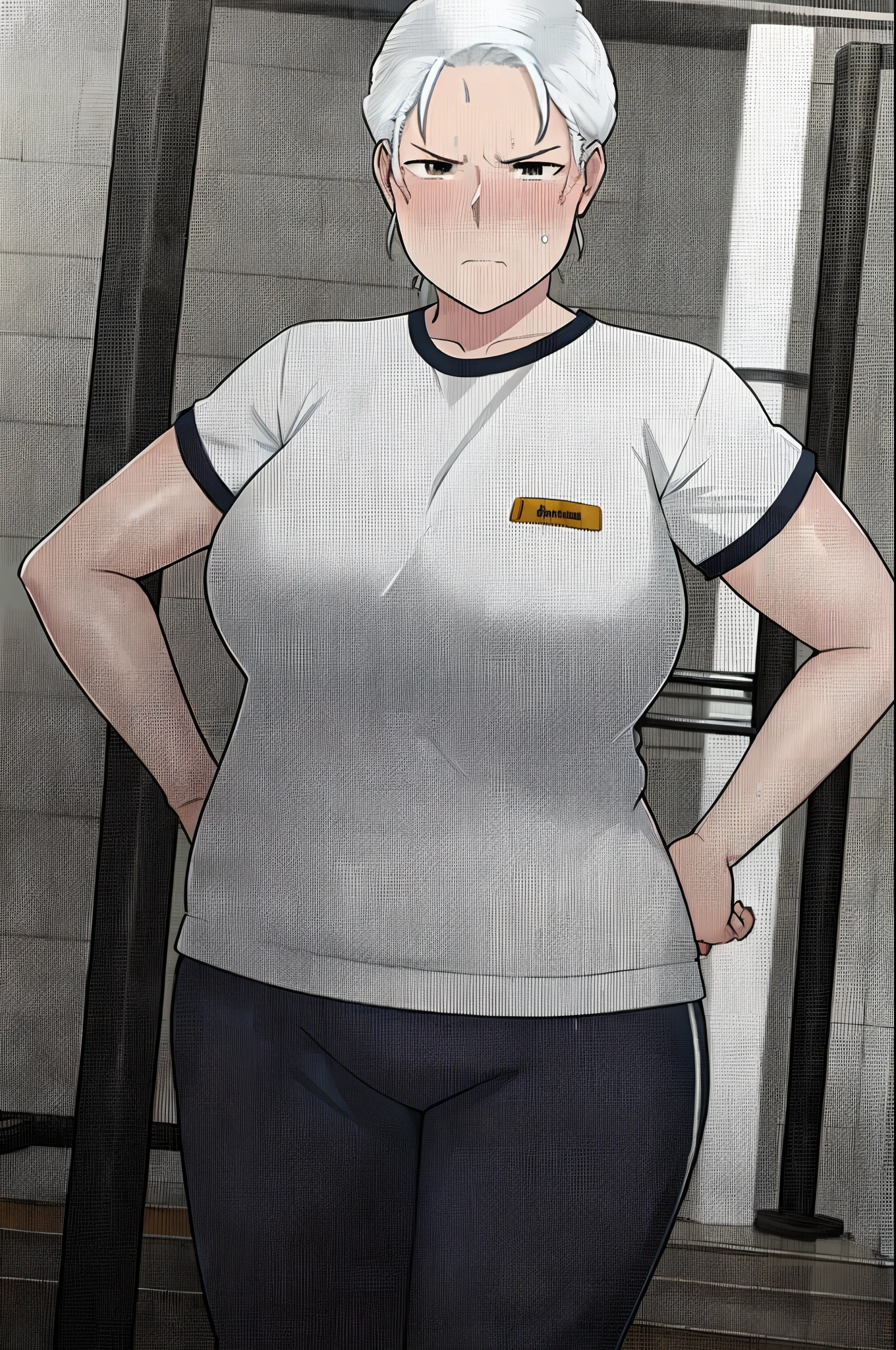 NTRman, masterpiece, granny, white hair, hands on hips, angry face, cinematic light, wet body, plump, mature female, deep shadows, gym uniform