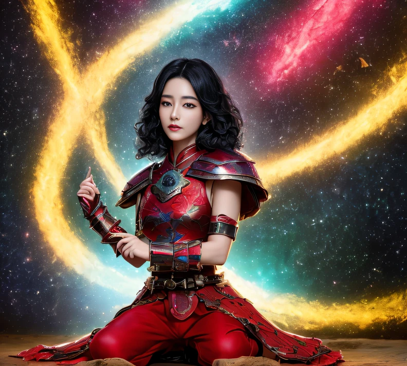 32K,复杂,ellegance,highly detailed,A majestic,Digital photography,Autumn cowboy shot,surrealism painting,Broken rubies,Beating magic,Entwined water magic,(tmasterpiece,Cinematic light,Fine beautiful eyes:1.2),hdr,Void 5 Energy Storm,(China 1 girl,Black eyes:1.5),paleskin,Glowing skin,(sitting on the stone:1.5),delicated face,Black color hair,Wearing palatial red armor,