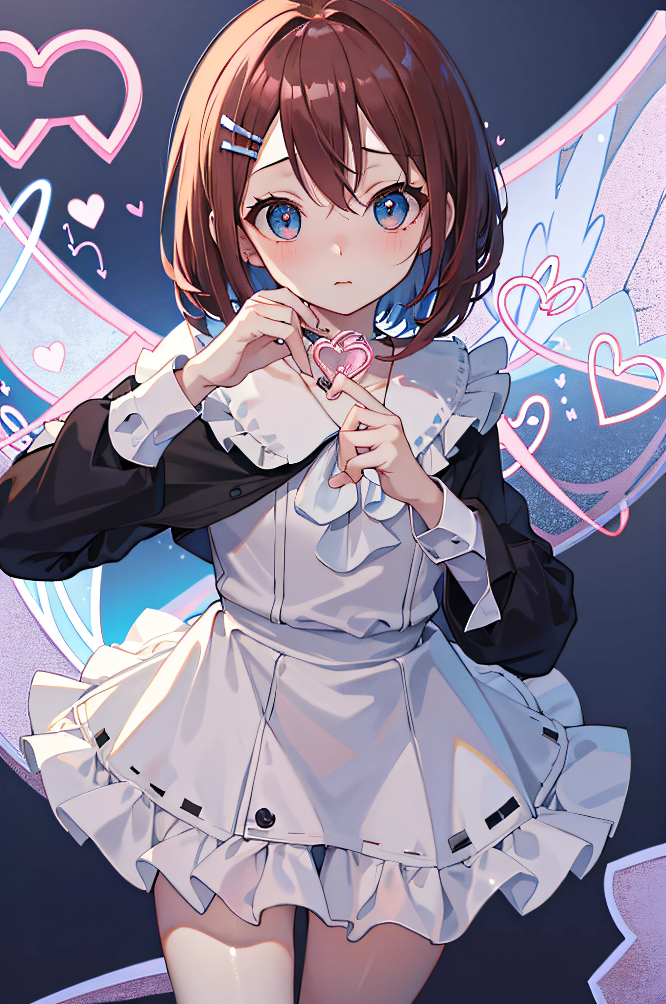 (Best Quality), (masutepiece)、A 14-year-old girl is Russian with big blue eyes、Wavy bob hairstyle with brown hair、The figure is very slim、Blanc Women's Lace Blouse, Offshore style, Skipper Dresses, Shirt、Shape the heart with your hands、A slightly embarrassed look、The background is the interior of a cute pink café、The heart-shaped beam coming out of the hand is fluffy、View from above、Close-up Face