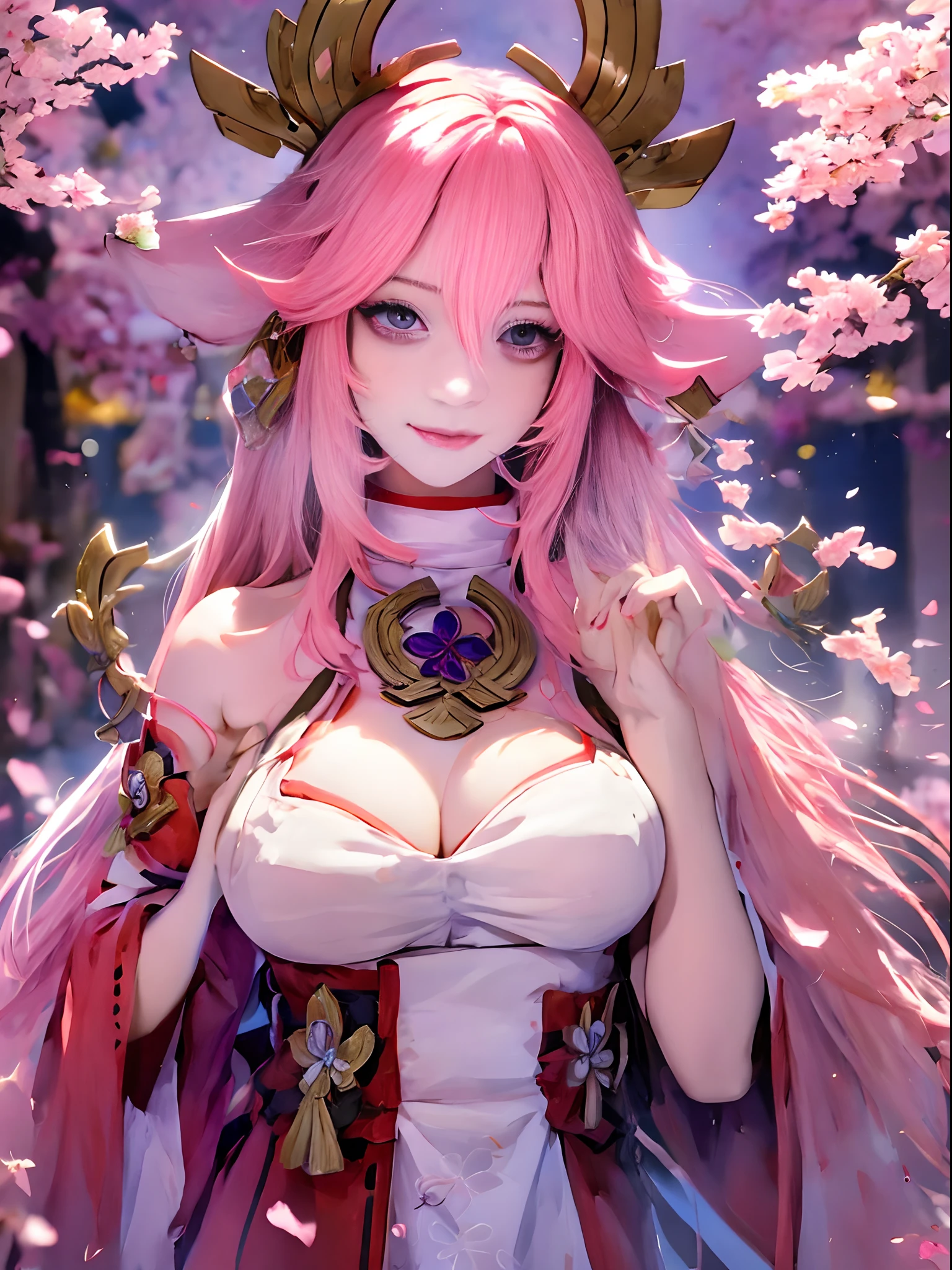 of the highest quality, Beauty and aesthetics, Very detailed, Detailed face and eyes,Anime, 1 girl, Fox ears, Big Breast,Fox Girl,Longhair,Hair color pink,Pink eyes,fluffy tail,walking in city,sexy dress、the chest is hidden、background is cherryblossoms、