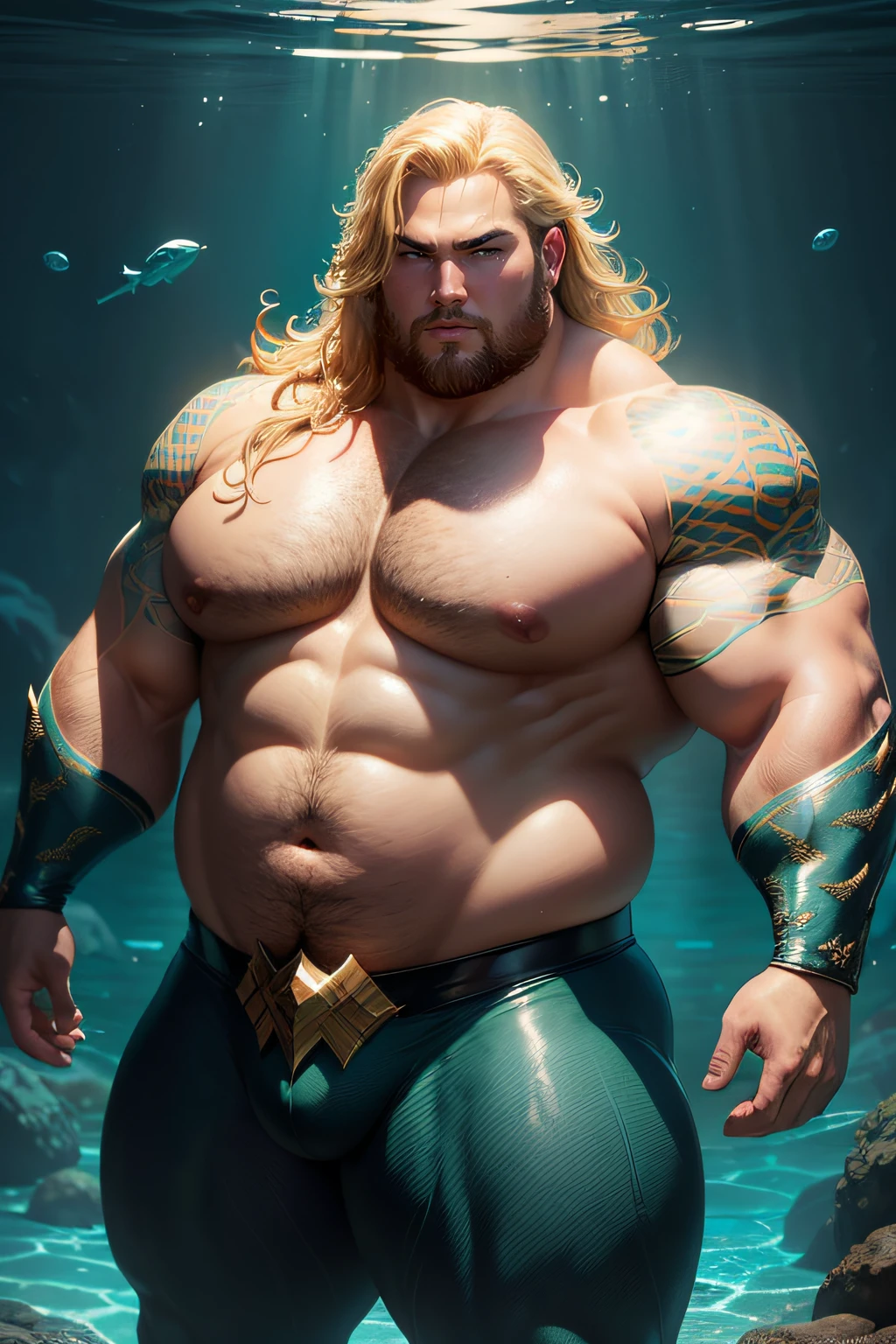 a very fat aquaman male, cute pose, very cute face, detailed face, detailed fat body, detailed outfit (reality: 1.4), (A hyper-realistic), (high resolution), (8K), (highly detailed), ( Best Illustration), (detailed eyes), (ultra-detailliert), Bright lighting, Professional Lighting, The background is a underwater.