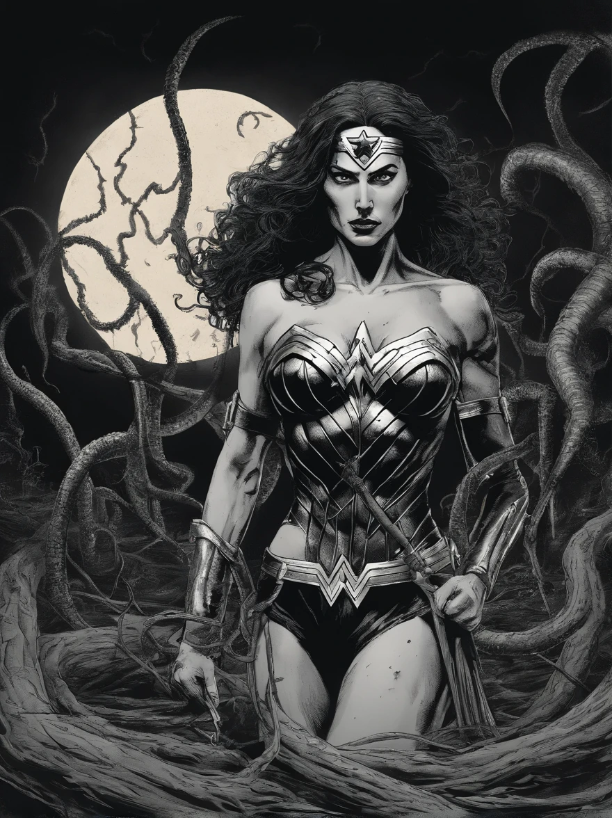 wonder woman in bikini attacked by tentacles