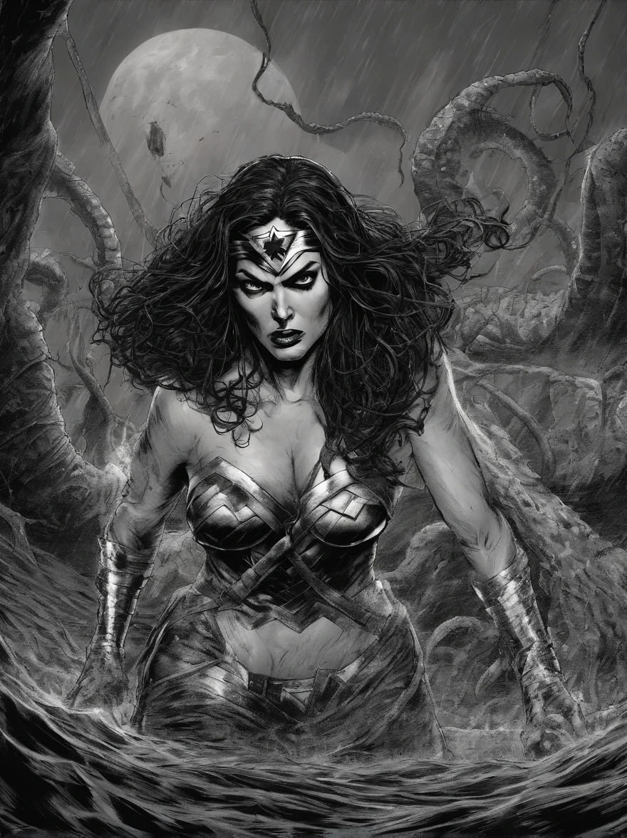 wonder woman in bikini attacked by tentacles