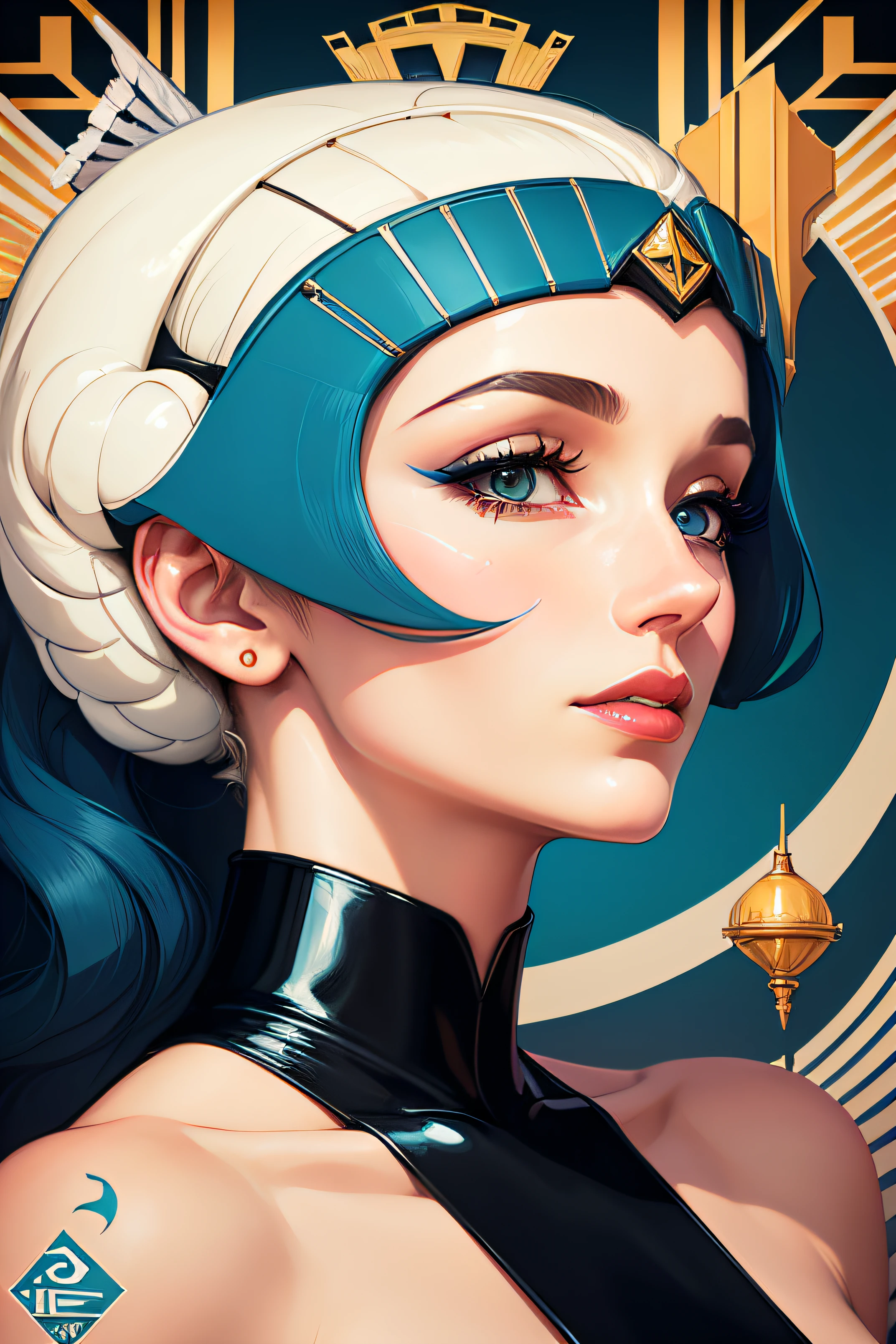 a close up of a poster of a woman with a bird on her head, art deco portrait, art deco illustration, art deco poster, inspired art deco, art deco painting, inspired by Patrick Nagel, realistic art deco, art deco sci fi, art deco era), an art deco painting, art deco of a space woman, vintage art deco, patrick nagel