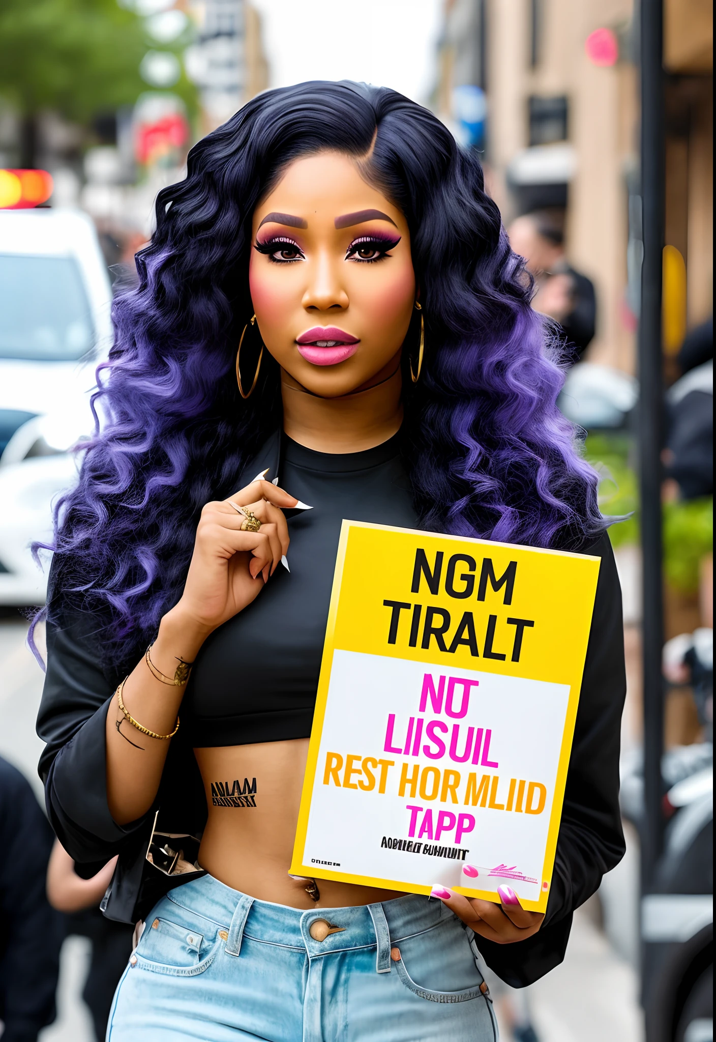 create me a realistic non explicit photo of "nicki minaj holding a sign that says last word 4 trap"