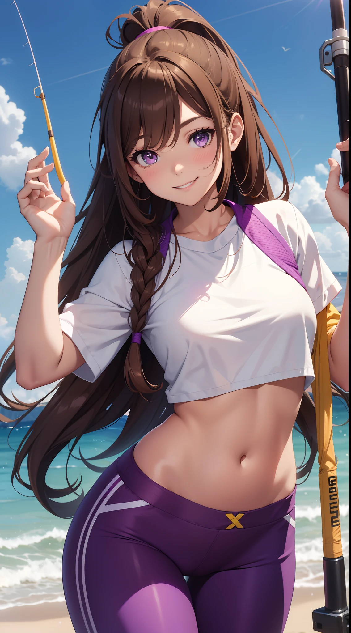 young girl, Long brown hair, high ponytail, yellow and purple eyes, white tight top, open belly, open breasts, fishing net, tight purple pants, Bat wings, Smile, Masterpiece, hiquality, 4k, HD, Good detail