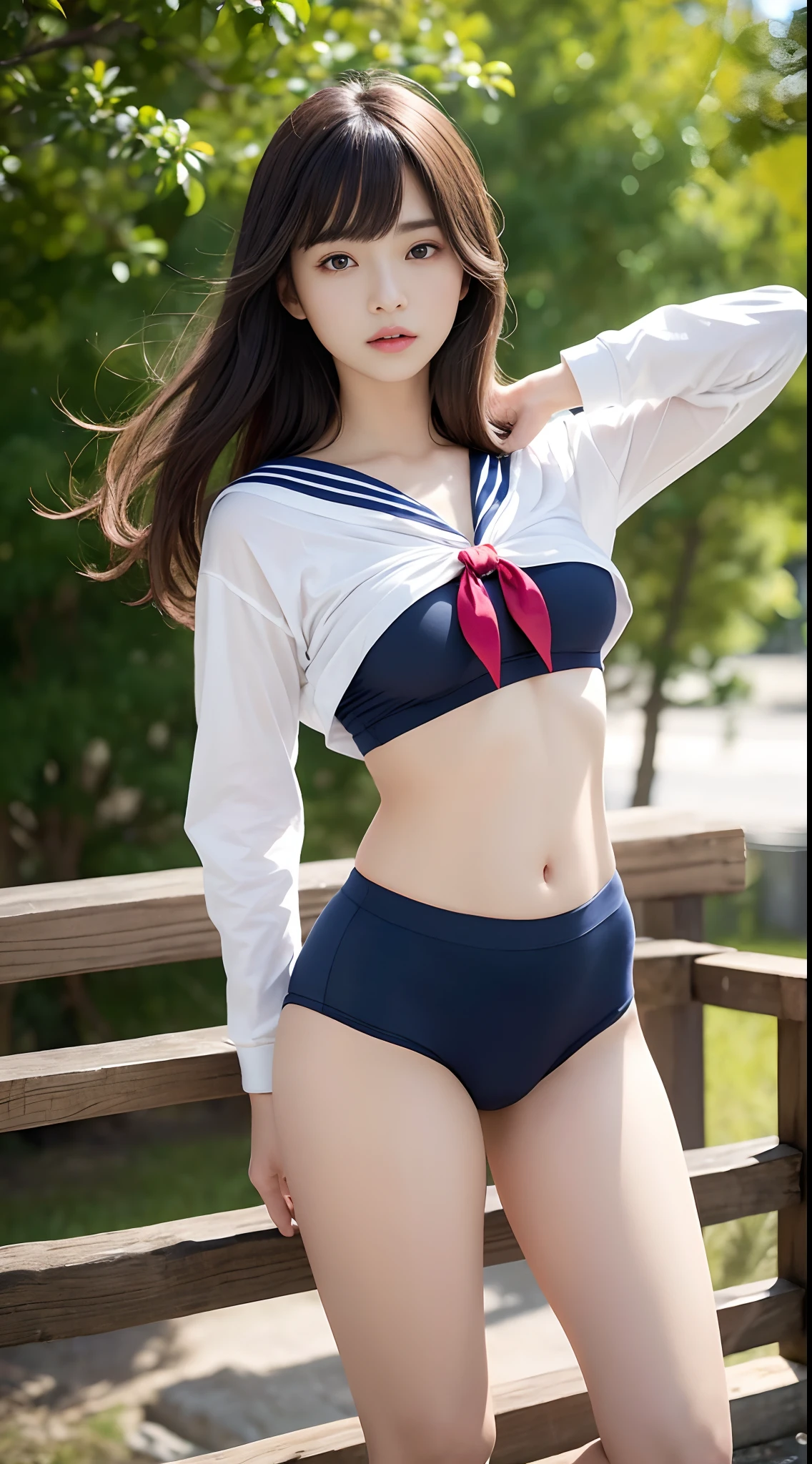 (​masterpiece:1.3), (8K, Photorealsitic, Raw photography, Top image quality: 1.4), japanes, (1girl in), beauitful face, (Lifelike face), Beautiful hairstyle, realisticeyes, Eyes in Beautiful Details, (real looking skin), Beautiful skins, enticing, 超A high resolution, A hyper-realistic, high detailing, the golden ratio, (Detal Face:1.2), see the beholder,masutepiece, Best Quality, Ultra-detailed, finely detail, hight resolution, Composition of the whole body、Open Legs Pose、Bold legs open、Beautiful detailed eyes, fitness wear, Natural Color Lip,Photorealsitic、realisitic、独奏、Photorealsitic、top-quality、extra detailed face、extremely detailed eye and face、beatiful detailed eyes、absurderes、incredibly absurdness、hair messy、Floating hair、Brown hair、Wavy hairstyle、Middle hair、(extremely details CG、8K Picture Wallpaper)、(extremely delicate and beautiful)、(​masterpiece)、(top-quality:1.0)、(超A high resolution:1.0)、beautiful  lighting、perfect lightning bolt、realistic shadow、[hight resolution]、Detailed skin、ultra-detailliert、detailed faces and eyes、Realistic eyes、Sharp pupils、beauitful face、plein air、Downtown Japan、In the hustle and bustle、blurry backround、shinny skin、Blunt bangs、Red Eye、(Sailor Suit 1.2)、Sailor suits have long sleeves、Super high quality photos, The 8k quality, Outdoors, Full body composition, looking in camera, Japan 20-year-old woman, Perfect beauty, Pore-visible texture, Perfect facial features, clear bare skin, clear bare skin, Beautiful toned body, muscular, slender, Poor breasts, Toned buttocks with small breasts、small ass、 Sailor Bloomers、Bloomers (Bloomers in Japan School, Seamless design, Monochromatic bloomers, Bloomers are dark red, tight fitted、Bloomers are elastic fabrics、The length of the bloomer is from the navel３ｃｍThe following degrees, )Legs wide open、、deadpan、(Face turned to the side、)