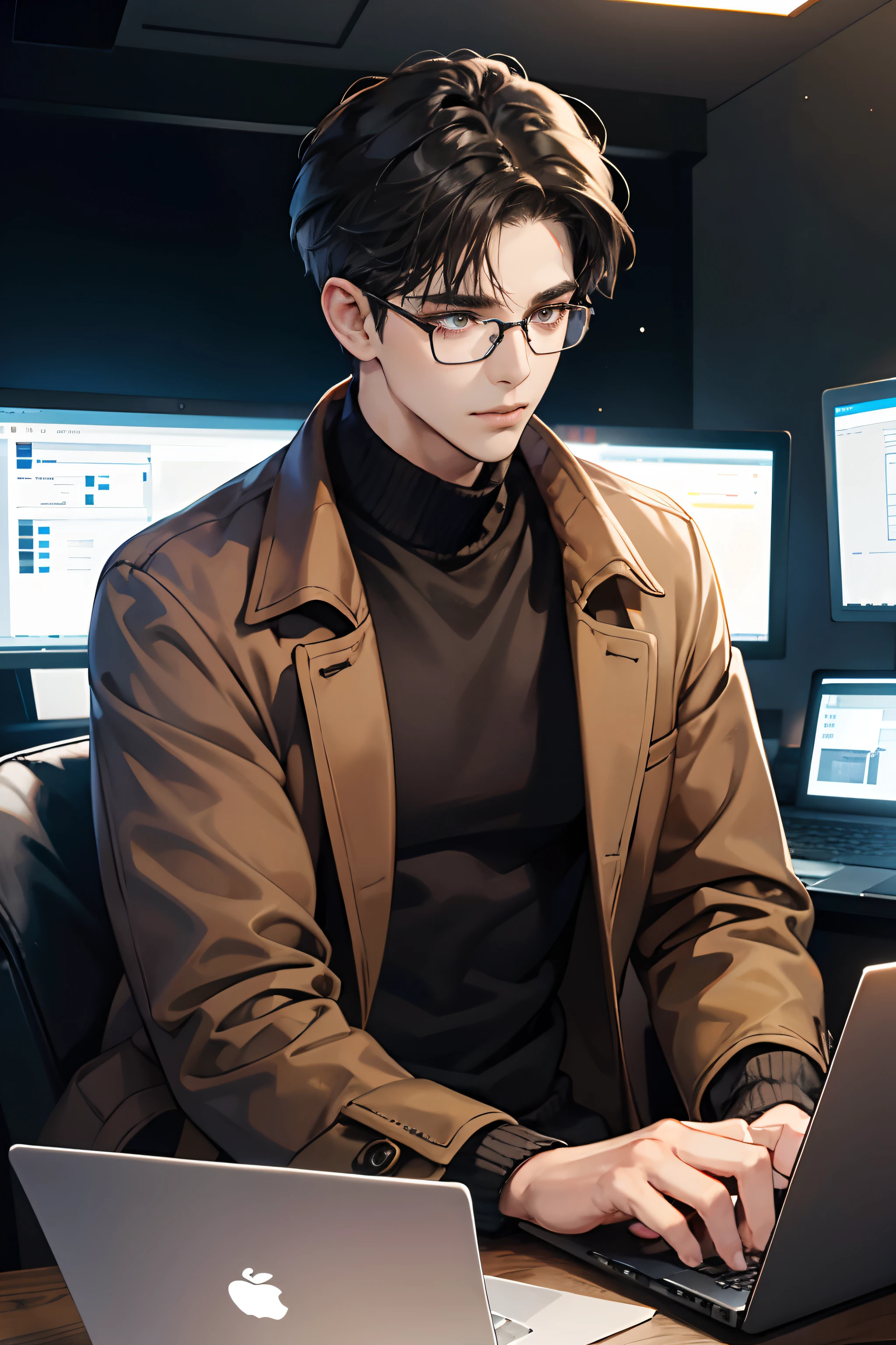 1 boy, Young male, Eyes looking to camera, Perfect male body, (Black hair, brown coat,brown sweater, Glasses, Sit in front of laptop),Computer screen, Control Room