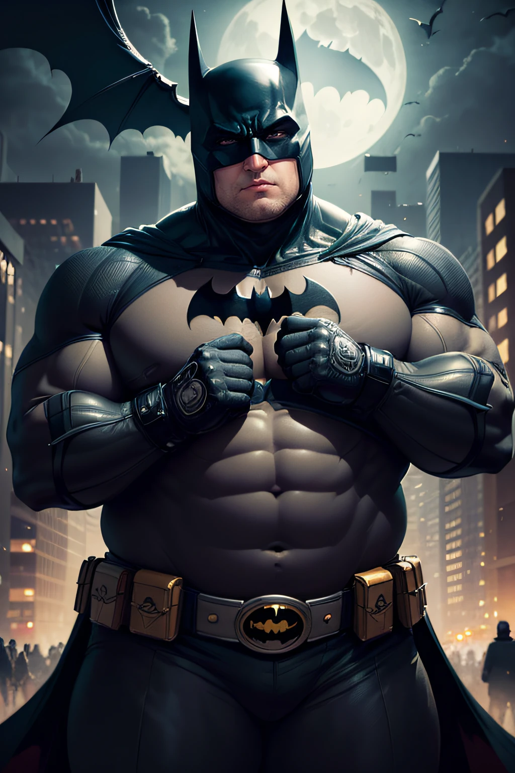 a very fat male batman, cute pose, very cute face, detailed face, detailed fat body, detailed outfit (reality: 1.4), (A hyper-realistic), (high resolution), (8K), (highly detailed), ( Best Illustration), (detailed eyes), (ultra-detailliert), Bright lighting, Professional Lighting, The background is a dark city clouds and moon.