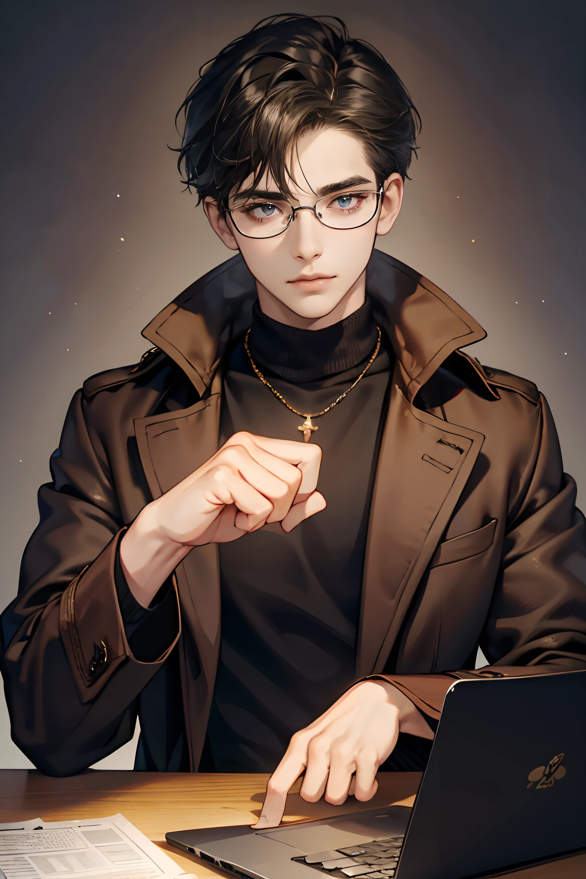 (tmasterpiece, high resolution, ultra - detailed:1.0), (1 boy, Young male), Eyes looking at the camera, Perfect male body, Extremely detailed CG, 8K wallpaper, Complicated details, solo person, Detailed face,(Black hair, brown coat,brown sweater, Glasses, Sit in front of laptop), color difference, Depth of field, dramatic shadow, Ray tracing, Best quality, Cinematic lighting, offcial art