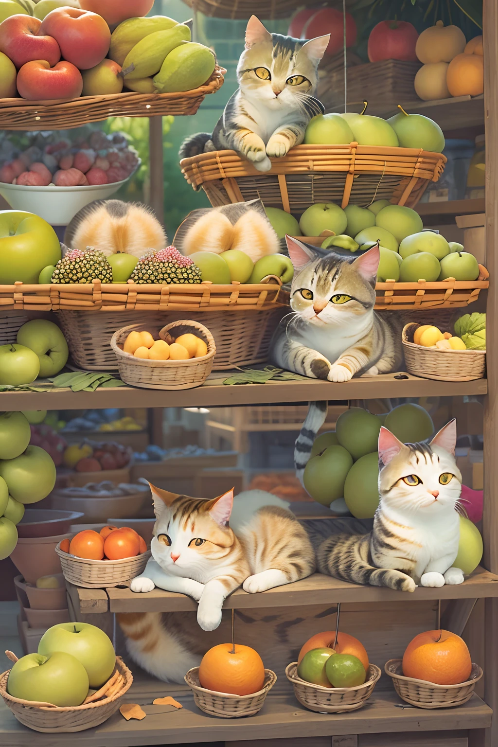 A round-eyed cute cat,sit on chair, fruit stand,exteriors.