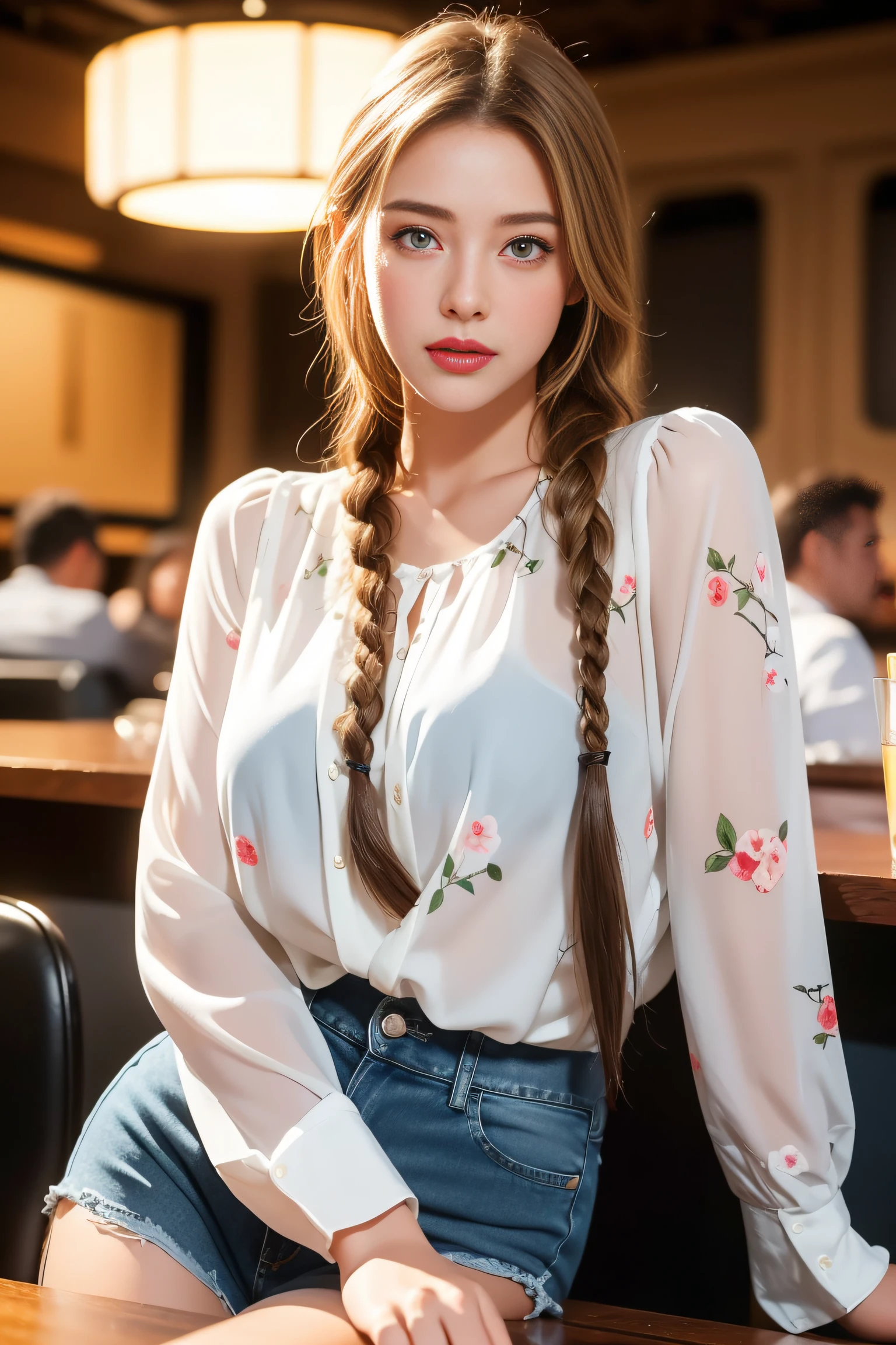Big breasts ((Sexy 20 year old woman)) ((Straight blonde hair with long braids)), ((Crystal Blue Eyes)), Very sexy body, ((Sexy floral pattern women blouse casual style elegant long sleeve)), (( Short Ripped Denim Shorts)), Red lips, Perfect lips, Shy, Shy look, ((((ultra-detailliert, Cinema Image, Realistic, ultra-quality, Cinema Lighting)))), She is in the cafeteria, Sitting, Chocolate parfait on the table, beautiful night, (((She is very cute and charming)))、​masterpiece, top-quality, hightquality, hight resolution