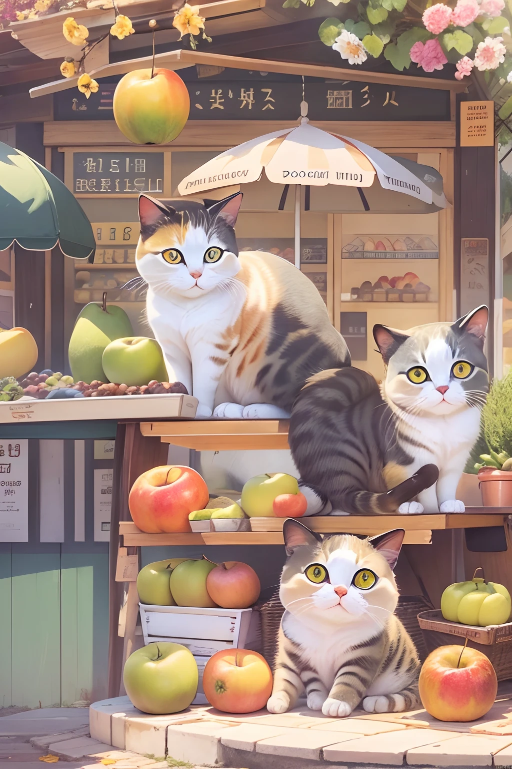 A round-eyed cute cat,sit on chair, fruit stand,exteriors.