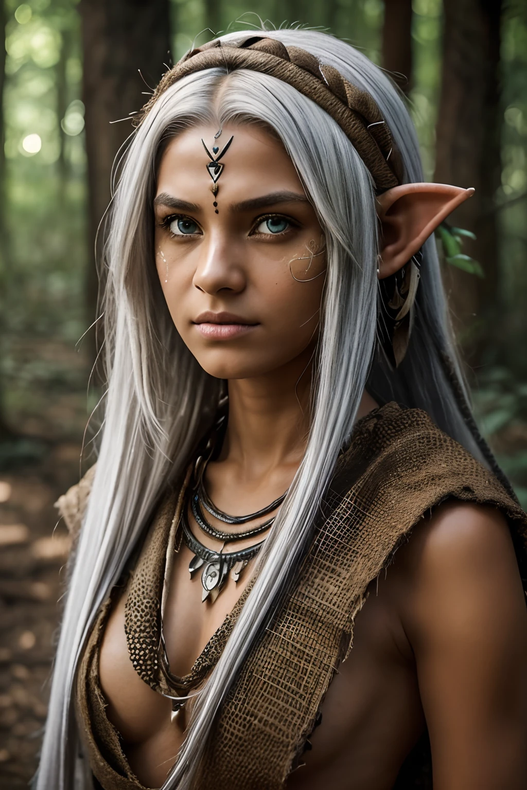 1girl,amazon girl,silver hair,(white eyes color),(white iris),teen,forest,hd,4k,8k,wearing tribal apparel,add detail,sweaty,looking at camera,(exotic skin),(dark skin),((no makeup)),((clear face)), nature beauty,detailed skin pores,raw image,aryan race,native girl, distant full body view,((tattered tribal apparel)),(burlap sack) clothing,village under poverty,miserable,her chest covered,poor people,elven ears, dark elf
