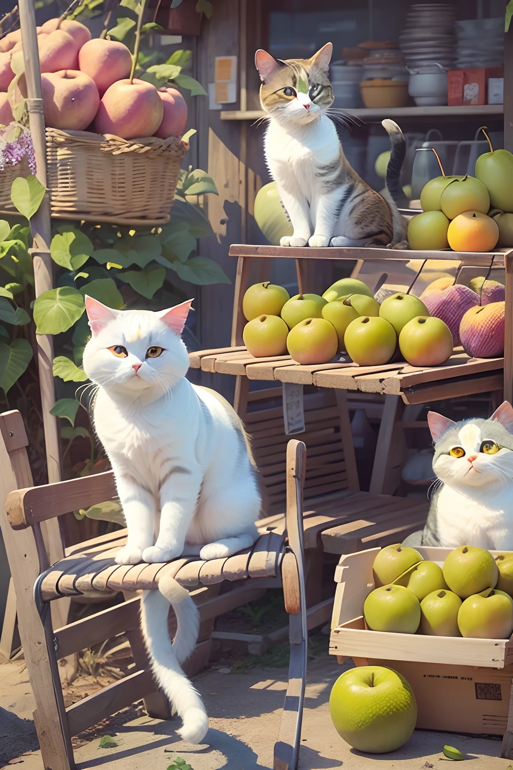 A round-eyed cute cat,sit on chair, fruit stand,exteriors.