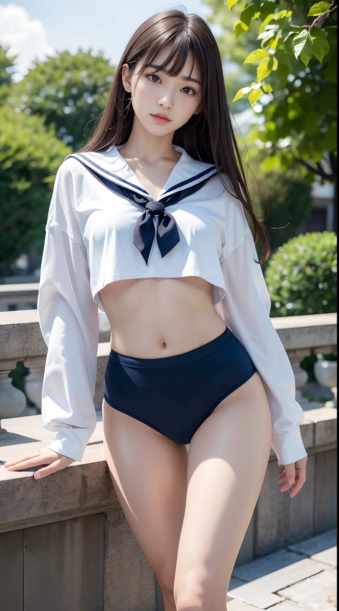(​masterpiece:1.3), (8K, Photorealsitic, Raw photography, Top image quality: 1.4), japanes, (1girl in), beauitful face, (Lifelike face), Beautiful hairstyle, realisticeyes, Eyes in Beautiful Details, (real looking skin), Beautiful skins, enticing, 超A high resolution, A hyper-realistic, high detailing, the golden ratio, (Detal Face:1.2), see the beholder,masutepiece, Best Quality, Ultra-detailed, finely detail, hight resolution, Composition of the whole body、Open Legs Pose、Bold legs open、Beautiful detailed eyes, fitness wear, Natural Color Lip,Photorealsitic、realisitic、独奏、Photorealsitic、top-quality、extra detailed face、extremely detailed eye and face、beatiful detailed eyes、absurderes、incredibly absurdness、hair messy、Floating hair、Brown hair、Wavy hairstyle、Middle hair、(extremely details CG、8K Picture Wallpaper)、(extremely delicate and beautiful)、(​masterpiece)、(top-quality:1.0)、(超A high resolution:1.0)、beautiful  lighting、perfect lightning bolt、realistic shadow、[hight resolution]、Detailed skin、ultra-detailliert、detailed faces and eyes、Realistic eyes、Sharp pupils、beauitful face、plein air、Downtown Japan、In the hustle and bustle、blurry backround、shinny skin、Blunt bangs、Red Eye、(Sailor Suit 1.2)、Sailor suits have long sleeves、Super high quality photos, The 8k quality, Outdoors, Full body composition, looking in camera, Japan 20-year-old woman, Perfect beauty, Pore-visible texture, Perfect facial features, clear bare skin, clear bare skin, Beautiful toned body, muscular, slender, Poor breasts, Toned buttocks with small breasts、small ass、 Bloomers (Bloomers in Japan School, Seamless design, Monochromatic bloomers, Bloomers are dark blue, tight fitted、Bloomers are elastic fabrics、The length of the bloomer is from the navel３ｃｍThe following degrees, )Legs wide open、、deadpan、(Face turned to the side、)