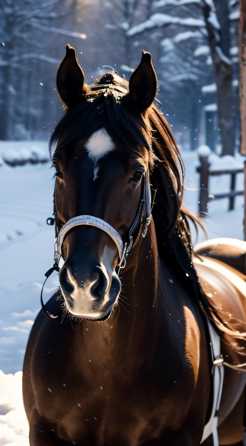 Beautiful fece、infp young woman、Outside、In the crystal and ice area、(Snow flutters)、(((ride horse)))、White time、black and long curly hair、poneyTail、length hair、eye reflections、scornful、Ray traching、reflective light、bblurry、shining light、depth of fields、Chiaroscuro、stereograms、Zoom Layer、cowboy  shot、F / 2.8、bokeh dof、​masterpiece、top-quality、hightquality、hard disk、Side