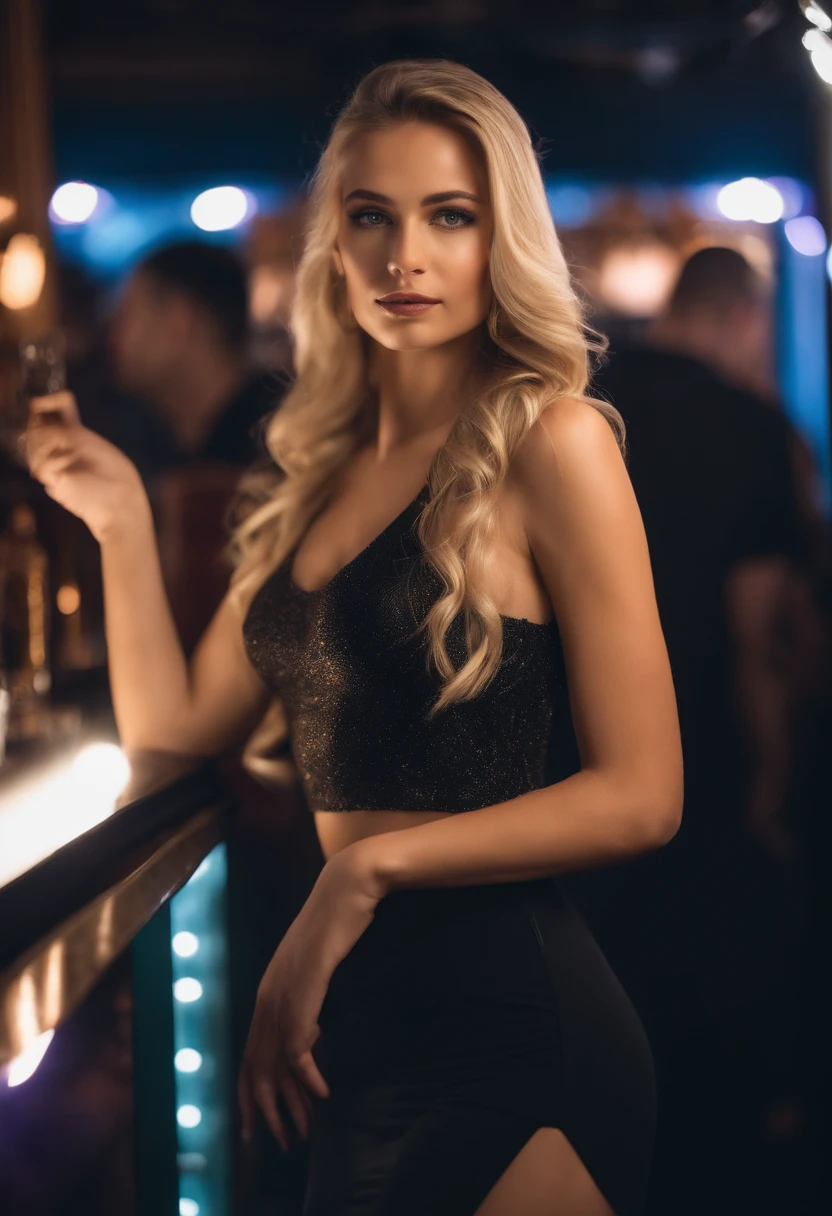 blonde woman with matching tank top and skirt posing at a night club, fille sexy aux yeux bleus, Portrait Sophie Mudd, blur background, best quality, 1girl, Portrait de Corinna Kopf, cheveux blonds et grands yeux, selfie of a young woman, ohne Maquillage, maquillage naturel, Look directly into the camera, Visage avec Artgram, dezentes Maquillage, Superbe photo du corps entier, dans la chambre, Gros seins, Blonde, latina