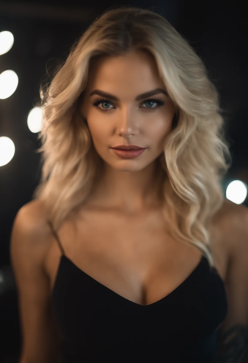 blonde woman with matching tank top and skirt posing at a night club, fille sexy aux yeux bleus, Portrait Sophie Mudd, blur background, best quality, 1girl, Portrait de Corinna Kopf, cheveux blonds et grands yeux, selfie of a young woman, ohne Maquillage, maquillage naturel, Look directly into the camera, Visage avec Artgram, dezentes Maquillage, Superbe photo du corps entier, dans la chambre, Gros seins, Blonde, latina