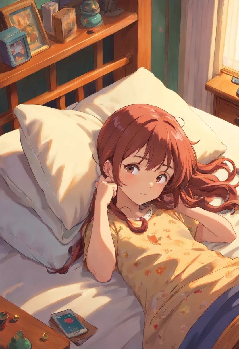 "Uma jovem de 20 anos descansa na cama, Your face shows signs of tiredness and sadness. The camera captures the scene from above, destacando seus cabelos ruivos. She has an earpiece over her head, close to the mobile phone."