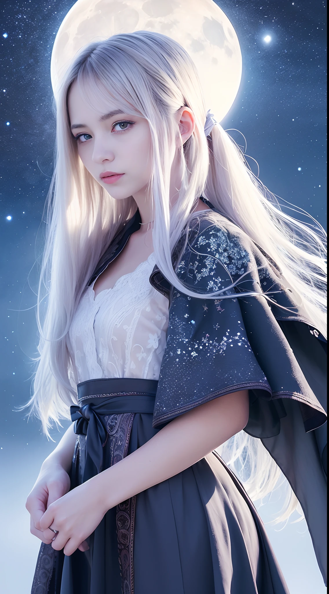 Masterpiece, (Best Quality: 1.2), (Super Fine: 1.2), Illustration, (Extremely Delicate and Beautiful: 1.2), Film Angle, Floating, (Beautiful Detail Eye: 1.1), (Detail Light: 1.1), Film Lights, Delicate Sky, Woman, White Hair, Blue Eyes, (High Ponytail: 1.1), Cloak, Glowing Eyes, (Moon: 1.2), (Moonlight: 1.1), Starry Sky, (Light Particles: 1.1), Fog , snow painting, sketching, blooming