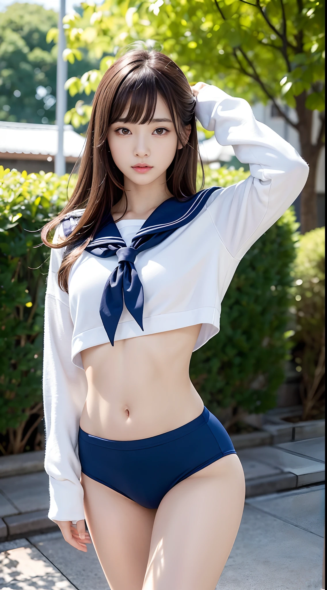 (​masterpiece:1.3), (8K, Photorealsitic, Raw photography, Top image quality: 1.4), japanes, (1girl in), beauitful face, (Lifelike face), Beautiful hairstyle, realisticeyes, Eyes in Beautiful Details, (real looking skin), Beautiful skins, enticing, 超A high resolution, A hyper-realistic, high detailing, the golden ratio, (Detal Face:1.2), see the beholder,masutepiece, Best Quality, Ultra-detailed, finely detail, hight resolution, Composition of the whole body、Open Legs Pose、Bold legs open、Beautiful detailed eyes, fitness wear, Natural Color Lip,Photorealsitic、realisitic、独奏、Photorealsitic、top-quality、extra detailed face、extremely detailed eye and face、beatiful detailed eyes、absurderes、incredibly absurdness、hair messy、Floating hair、Brown hair、Wavy hairstyle、Middle hair、(extremely details CG、8K Picture Wallpaper)、(extremely delicate and beautiful)、(​masterpiece)、(top-quality:1.0)、(超A high resolution:1.0)、beautiful  lighting、perfect lightning bolt、realistic shadow、[hight resolution]、Detailed skin、ultra-detailliert、detailed faces and eyes、Realistic eyes、Sharp pupils、beauitful face、plein air、Downtown Japan、In the hustle and bustle、blurry backround、shinny skin、Blunt bangs、Red Eye、(Sailor Suit 1.2)、Sailor suits have long sleeves、Super high quality photos, The 8k quality, Outdoors, Full body composition, looking in camera, Japan 20-year-old woman, Perfect beauty, Pore-visible texture, Perfect facial features, clear bare skin, clear bare skin, Beautiful toned body, muscular, slender, Poor breasts, Toned buttocks with small breasts、small ass、 Bloomers (Bloomers in Japan School, Seamless design, Monochromatic bloomers, Bloomers are dark blue, tight fitted、Bloomers are elastic fabrics、The length of the bloomer is from the navel３ｃｍThe following degrees, )Legs wide open、、deadpan、(Face turned to the side、)