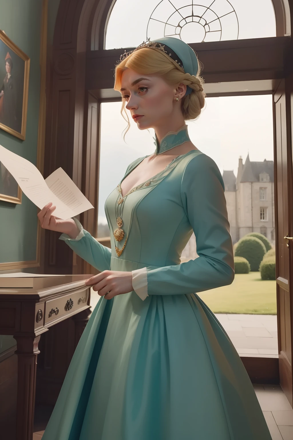 year: 2023. Location: Scotland. Pre-Raphaelite scene with Elizabeth Debicki, wearing a modern gala dress, inside a castle, holding a parchment roll, ((menacing look)) ((evil look)), ((((gala Clothing from the 2020s)))) ((Hairstyle of the 2020s)), pastel colors, (((cinematic style)))