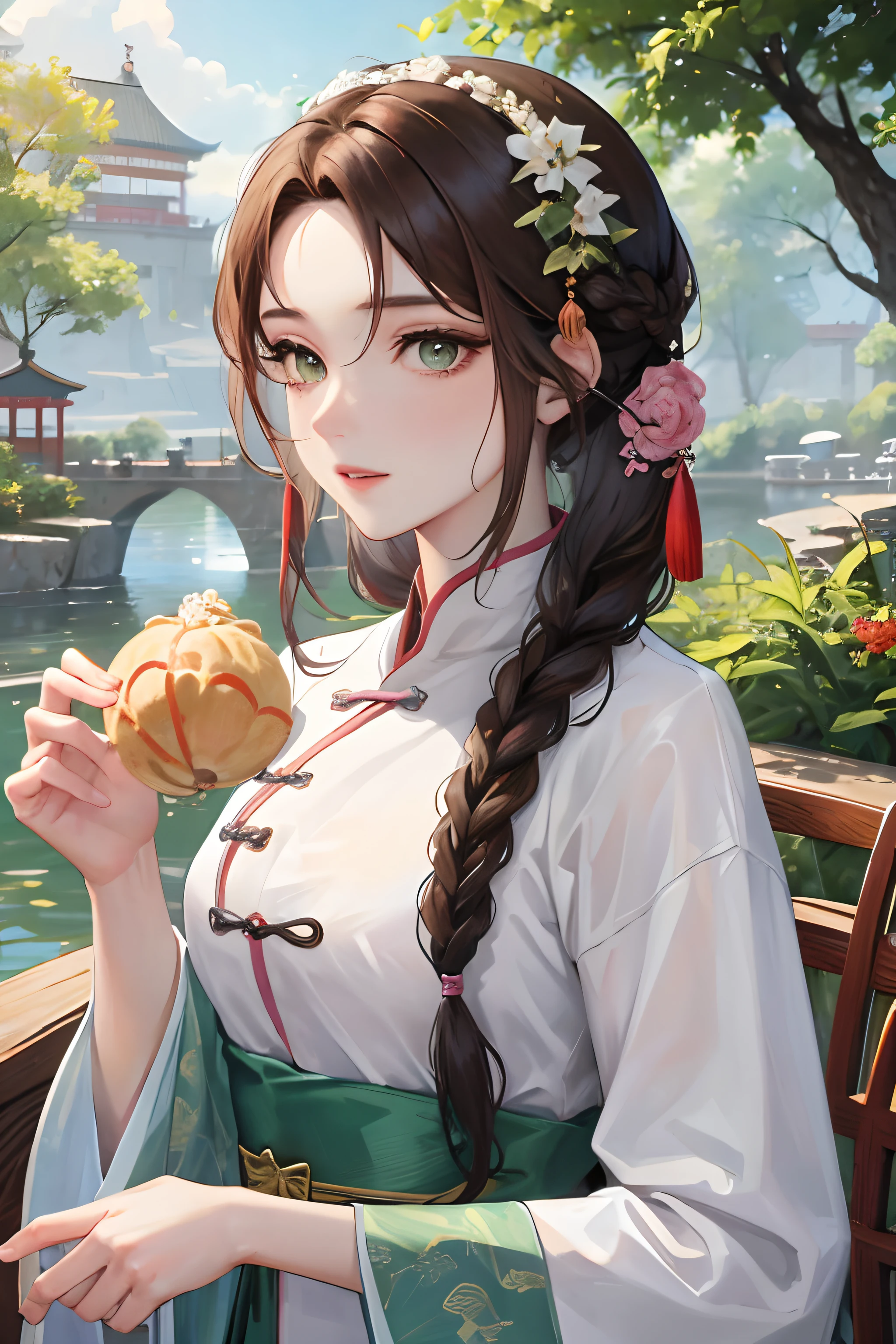Masterpiece, Best quality, Night, full moon, 1 girl, Mature woman, Chinese style, Ancient China, sister, Imperial sister, Smile, Brown hair, Princess cut, Single strips of fried dough twisted braid, Coiled hair, Double ball head, Light pink lips, calm, Intellectual, mid hair, green pupills, Hairpin, hydrangea,