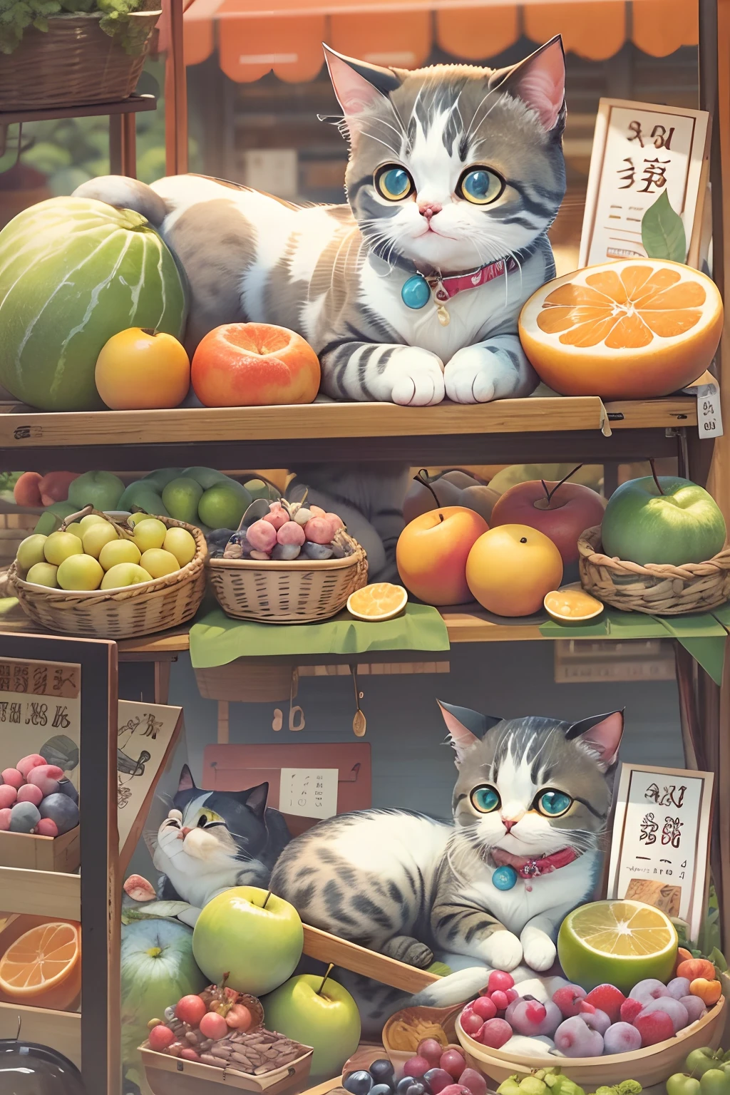 A round-eyed cute cat,sit on chair, fruit stand,exteriors.