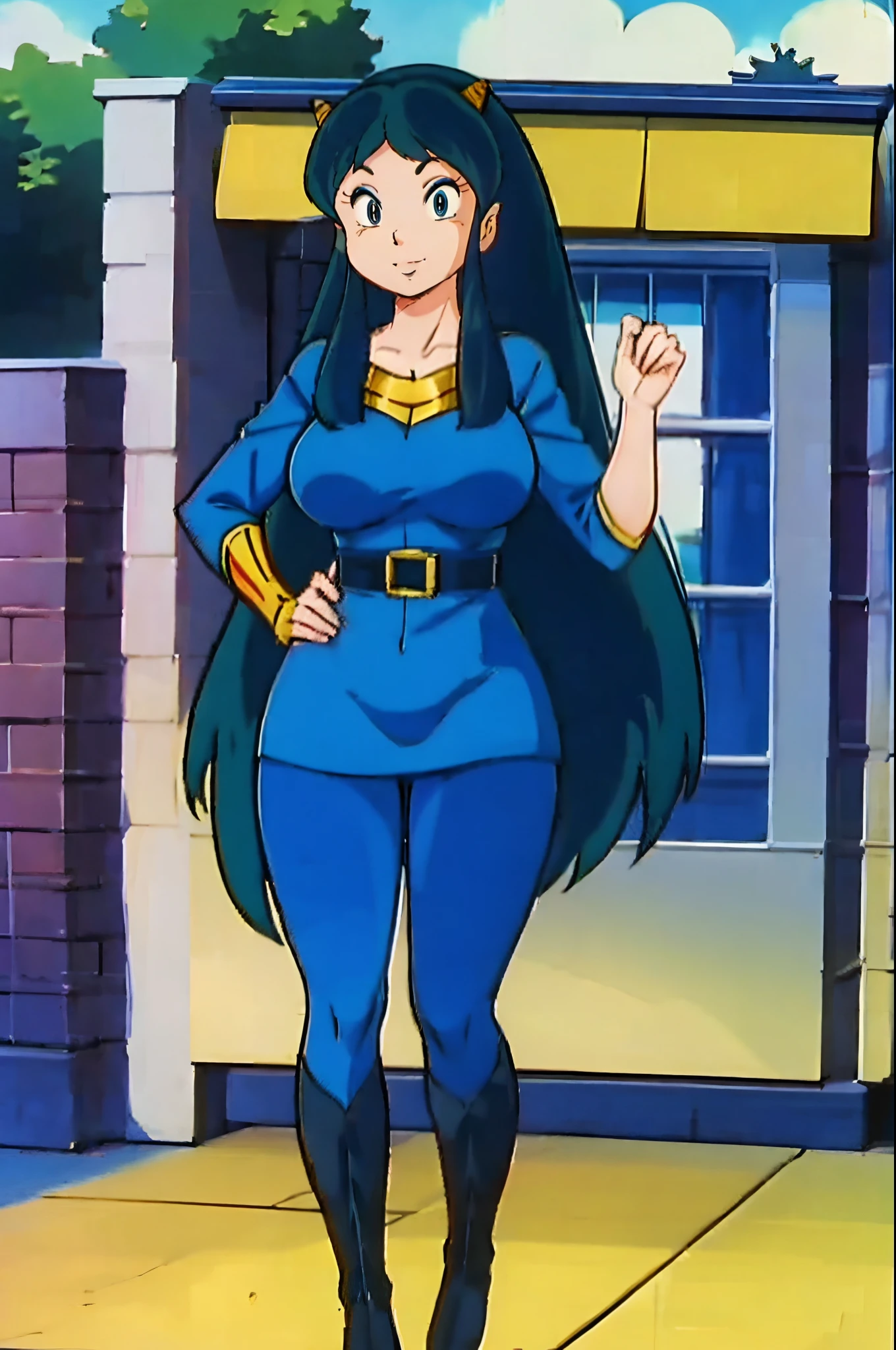 lum, superhero costume,, standing,, boots, oni, smile,, full body, sentai, pants, horns, curvy, big breast