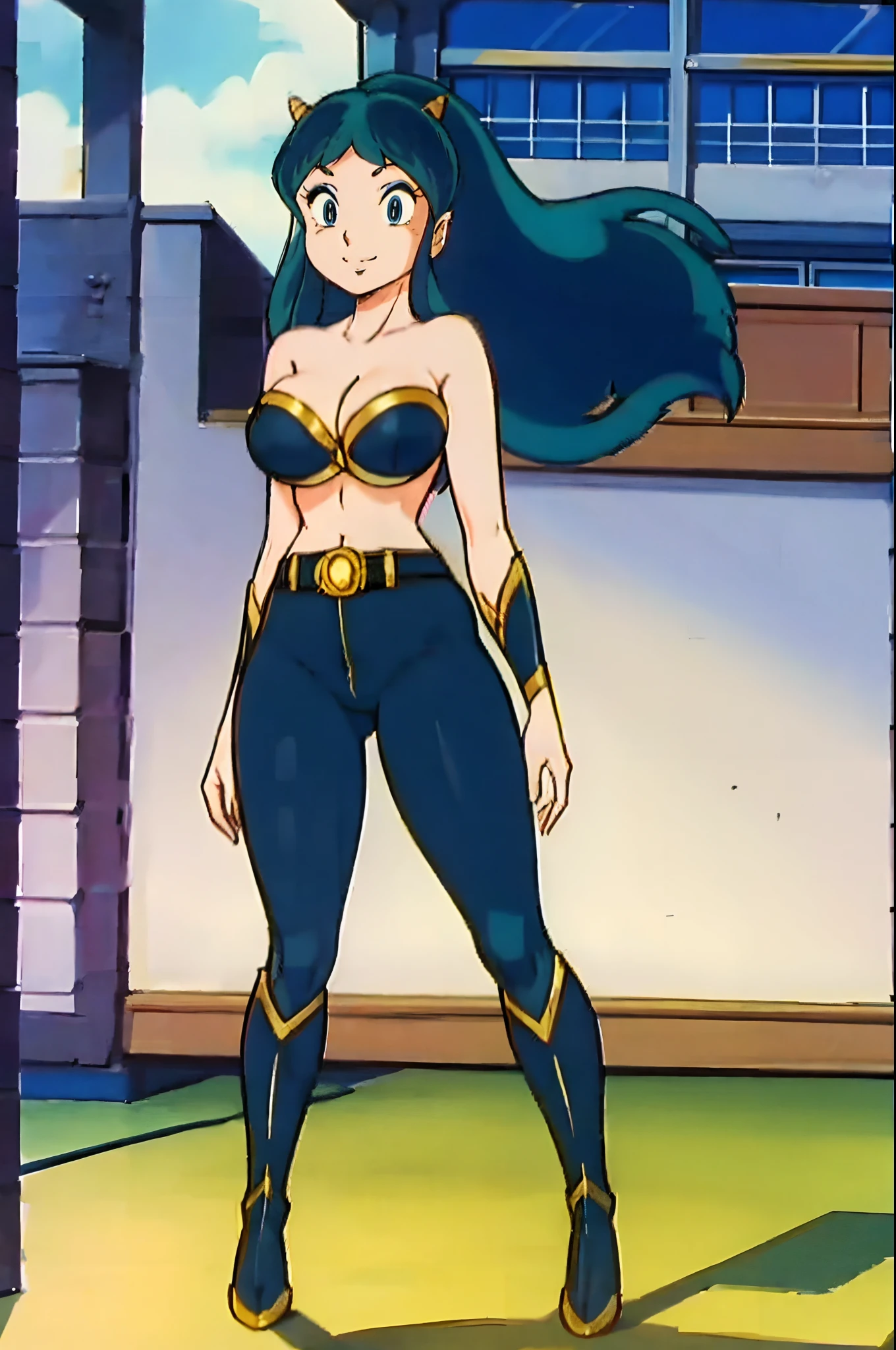 lum, superhero costume,, standing,, boots, oni, smile,, full body, sentai, pants, horns, curvy, big breast