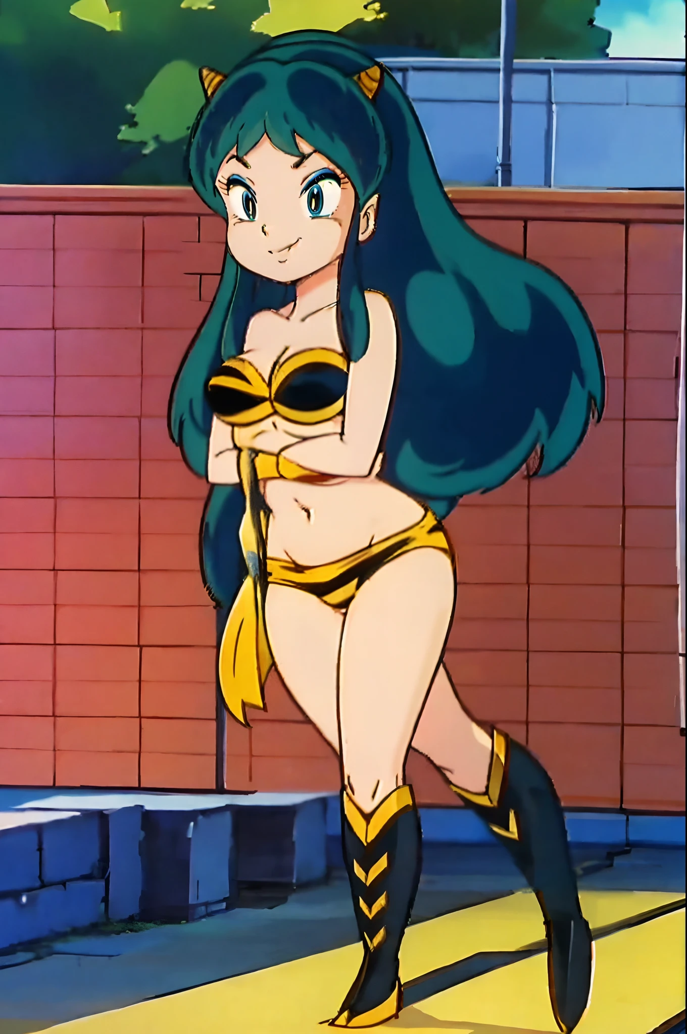 lum, superhero costume,, standing,, boots, oni, smile,, full body, sentai, pants, horns, curvy, big breast, bikini