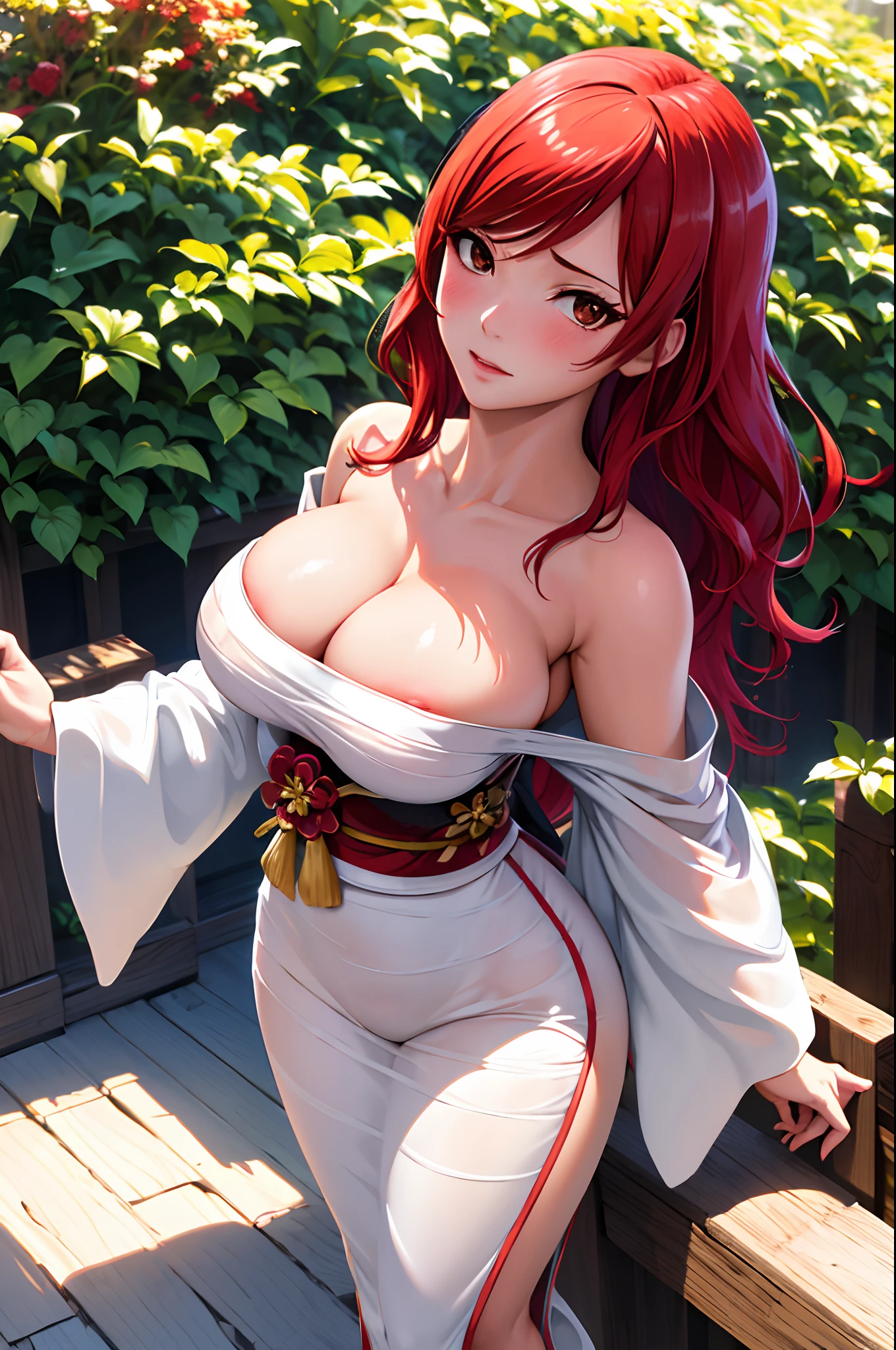 full body,eyes shining, natural light, cinematic light, realistic body, detailed body, detailed eyes, realistic face,masterpiece,cleavage,best quality, highres,fairy tail, 1girl, solo, red hair, brown eyes, big boobies, perfect boobs, cleavage, daytime, sunlight,looking at the viewer,sexy posing,spectacular image, face blushing, full body scene, wear geisha kimono, off shoulder, standing pose, glowing skin, detailed face, detailed eyes, Solo , alone, perfect anatomy, cowboy shot, dynamic pose, Illustration of perfection, Dynamic, highly detailed, facing the viewer, lewd expression, UP POV