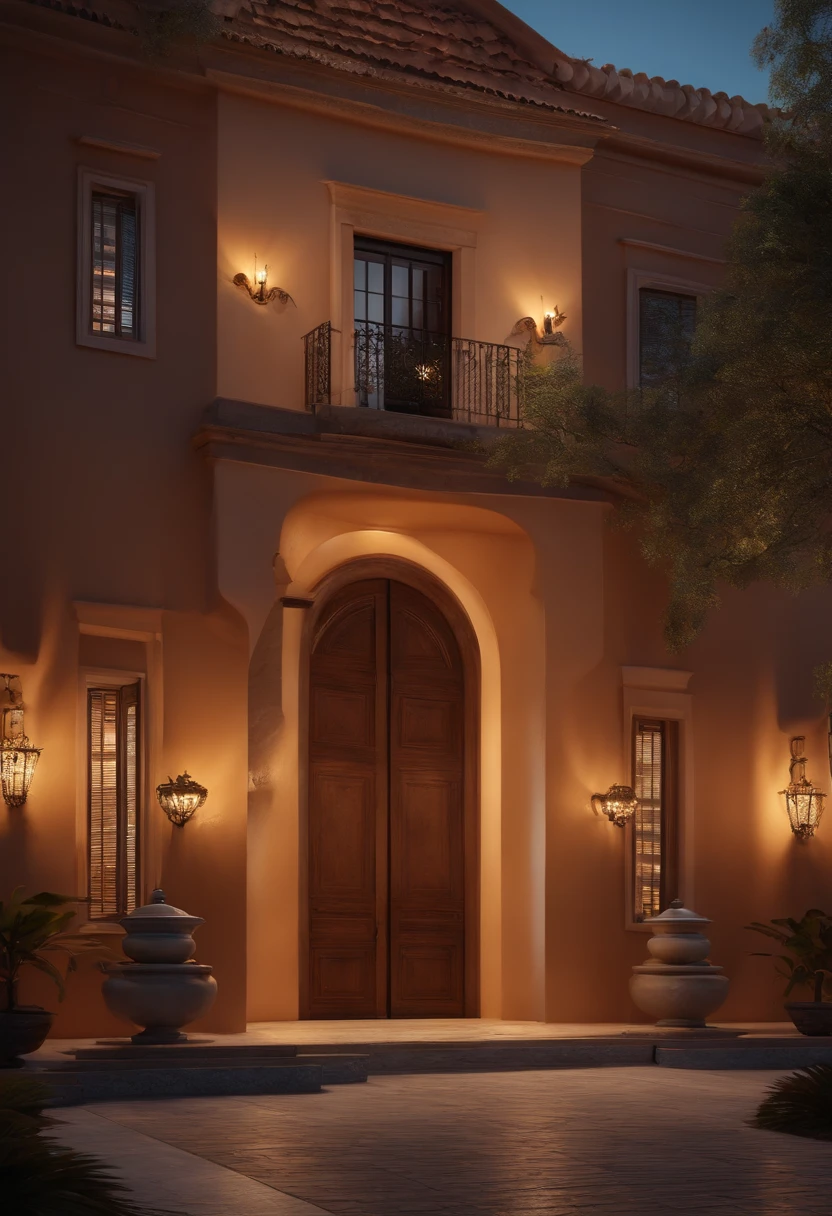 Southwest front view, casa, ((estilo colonial), uma gararem,uma porta,uma janela, varanda na frente,entrada concretada, jardim,night ligthning, Lumion Pro rendering, cinematic quality