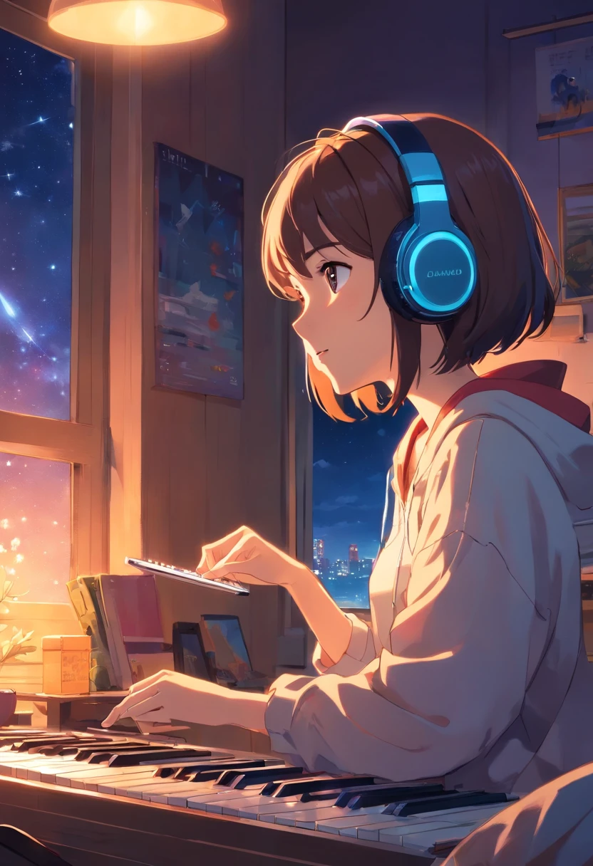 Girl listening to music in a cozy room at night, Usando fones de ouvido, Anime estilo 2D, Lo-fi, altamente detalhado, disco Rigido