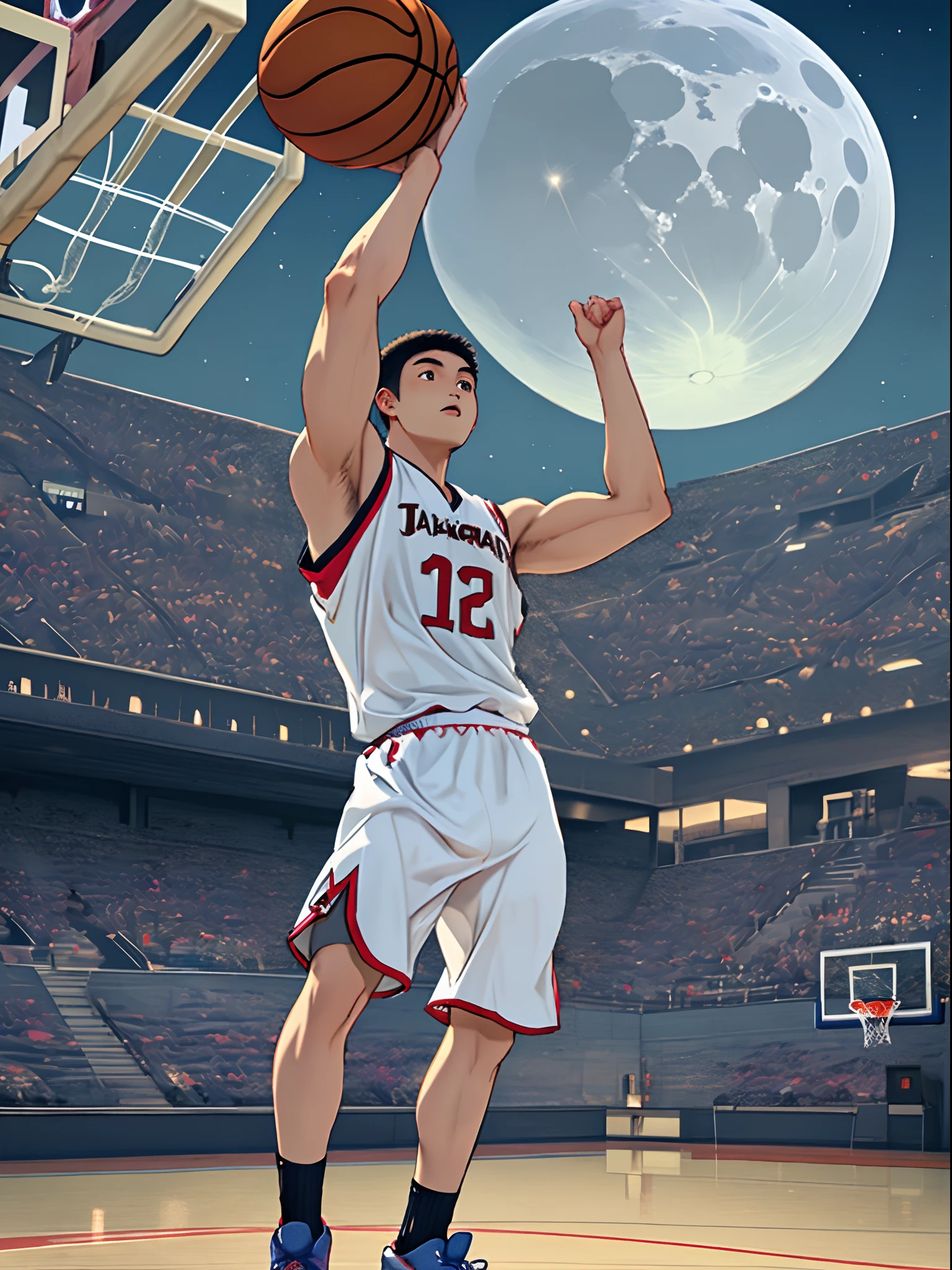 A muscular age japanese boy, practing basketball on a basketball court that is on the moon, with a distant view of the earth in the background