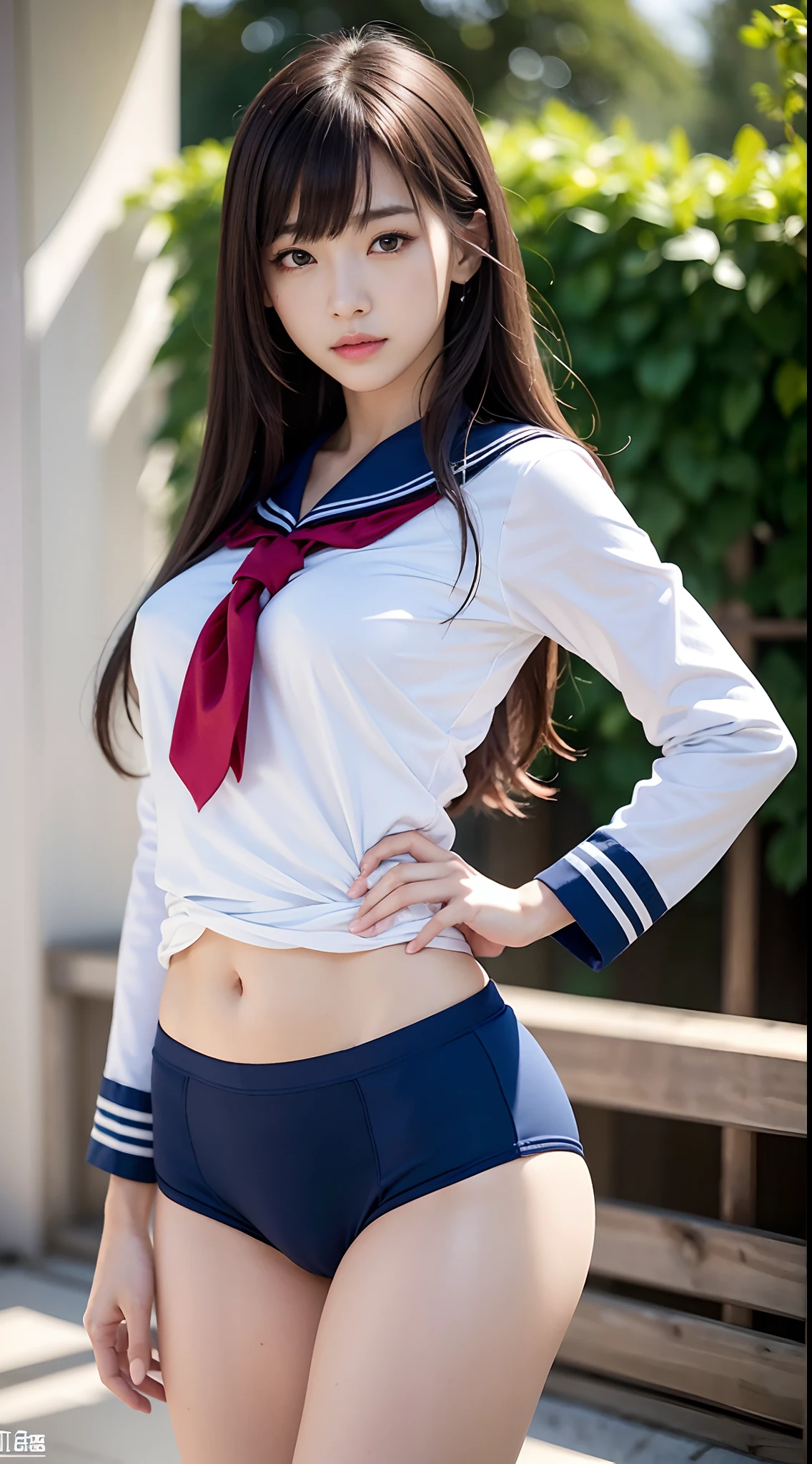 (​masterpiece:1.3), (8K, Photorealsitic, Raw photography, Top image quality: 1.4), japanes, (1girl in), beauitful face, (Lifelike face), Beautiful hairstyle, realisticeyes, Eyes in Beautiful Details, (real looking skin), Beautiful skins, enticing, 超A high resolution, A hyper-realistic, high detailing, the golden ratio, (Detal Face:1.2), see the beholder,masutepiece, Best Quality, Ultra-detailed, finely detail, hight resolution, Composition of the whole body、Open Legs Pose、Bold legs open、Beautiful detailed eyes, fitness wear, Natural Color Lip,Photorealsitic、realisitic、独奏、Photorealsitic、top-quality、extra detailed face、extremely detailed eye and face、beatiful detailed eyes、absurderes、incredibly absurdness、hair messy、Floating hair、Brown hair、Wavy hairstyle、Middle hair、(extremely details CG、8K Picture Wallpaper)、(extremely delicate and beautiful)、(​masterpiece)、(top-quality:1.0)、(超A high resolution:1.0)、beautiful  lighting、perfect lightning bolt、realistic shadow、[hight resolution]、Detailed skin、ultra-detailliert、detailed faces and eyes、Realistic eyes、Sharp pupils、beauitful face、plein air、Downtown Japan、In the hustle and bustle、blurry backround、shinny skin、Blunt bangs、Red Eye、(Sailor Suit 1.2)、Sailor suits have long sleeves、Super high quality photos, The 8k quality, Outdoors, Full body composition, looking in camera, Japan 20-year-old woman, Perfect beauty, Pore-visible texture, Perfect facial features, clear bare skin, clear bare skin, Beautiful toned body, muscular, slender, Poor breasts, Toned buttocks with small breasts、small ass、 Bloomers (Bloomers in Japan School, Seamless design, Monochromatic bloomers, Bloomers are dark blue, tight fitted、Bloomers are elastic fabrics、The length of the bloomer is from the navel３ｃｍThe following degrees, )Legs wide open、、deadpan、(Face turned to the side、)
