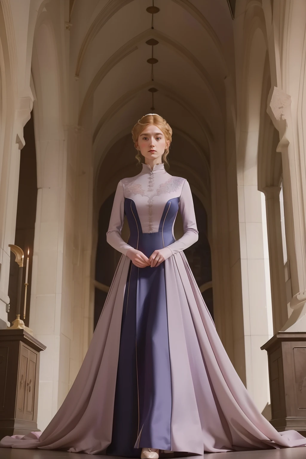 year: 2023. Location: Scotland. Pre-Raphaelite scene with Elizabeth Debicki, wearing a (modern) gala dress, inside a castle, holding a parchment roll, ((menacing look)) ((evil look)), ((((gala Clothing from the 2020s)))) ((Hairstyle of the 2020s)), pastel colors, (((cinematic style)))