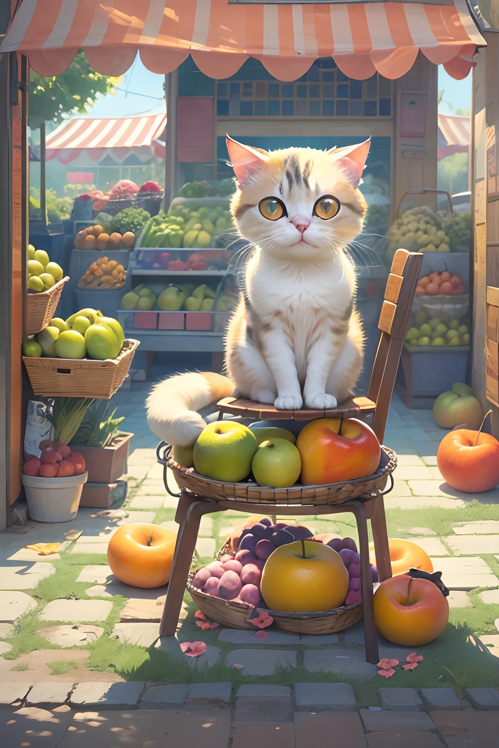 A round-eyed cute cat,sit on chair, fruit stand,exteriors.
