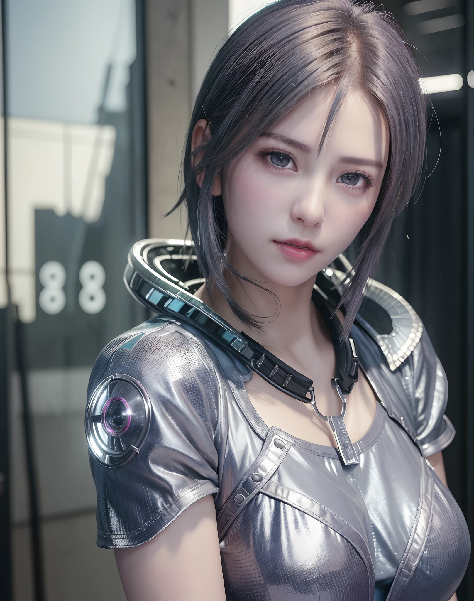 top-quality、8K Masterpiece、超A high resolution、(Photorealsitic:1.3)、Raw photo、1人、silver white hair、glowy skin、1 Cyberpunk Super Beautiful Soldier、((super realistic details))、portlate、globalillumination、Shadow、octan render、8K、ultrasharp、beauty breast、Raw skin is exposed in cleavage、metals、cold color、、highly intricate detail、Realistic light、CGSoation Trends、Beautiful eyes、radiant eyes、Facing the camera、neon details、