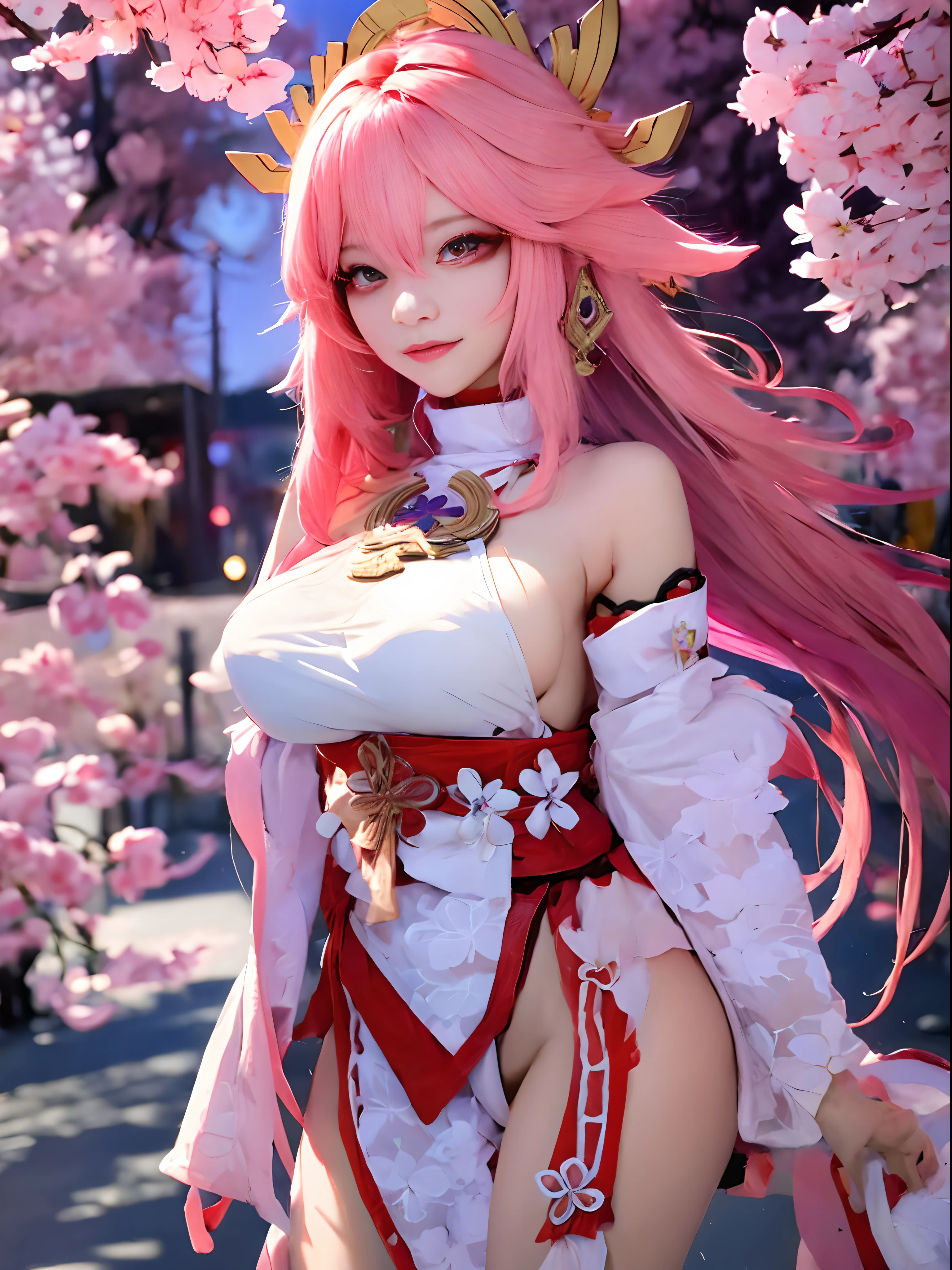 of the highest quality, Beauty and aesthetics, Very detailed, Detailed face and eyes,Anime, 1 girl, Fox ears, Big Breast,Fox Girl,Longhair,Hair color pink,Pink eyes,fluffy tail,walking in city,sexy dress、the chest is hidden、background is cherryblossoms、