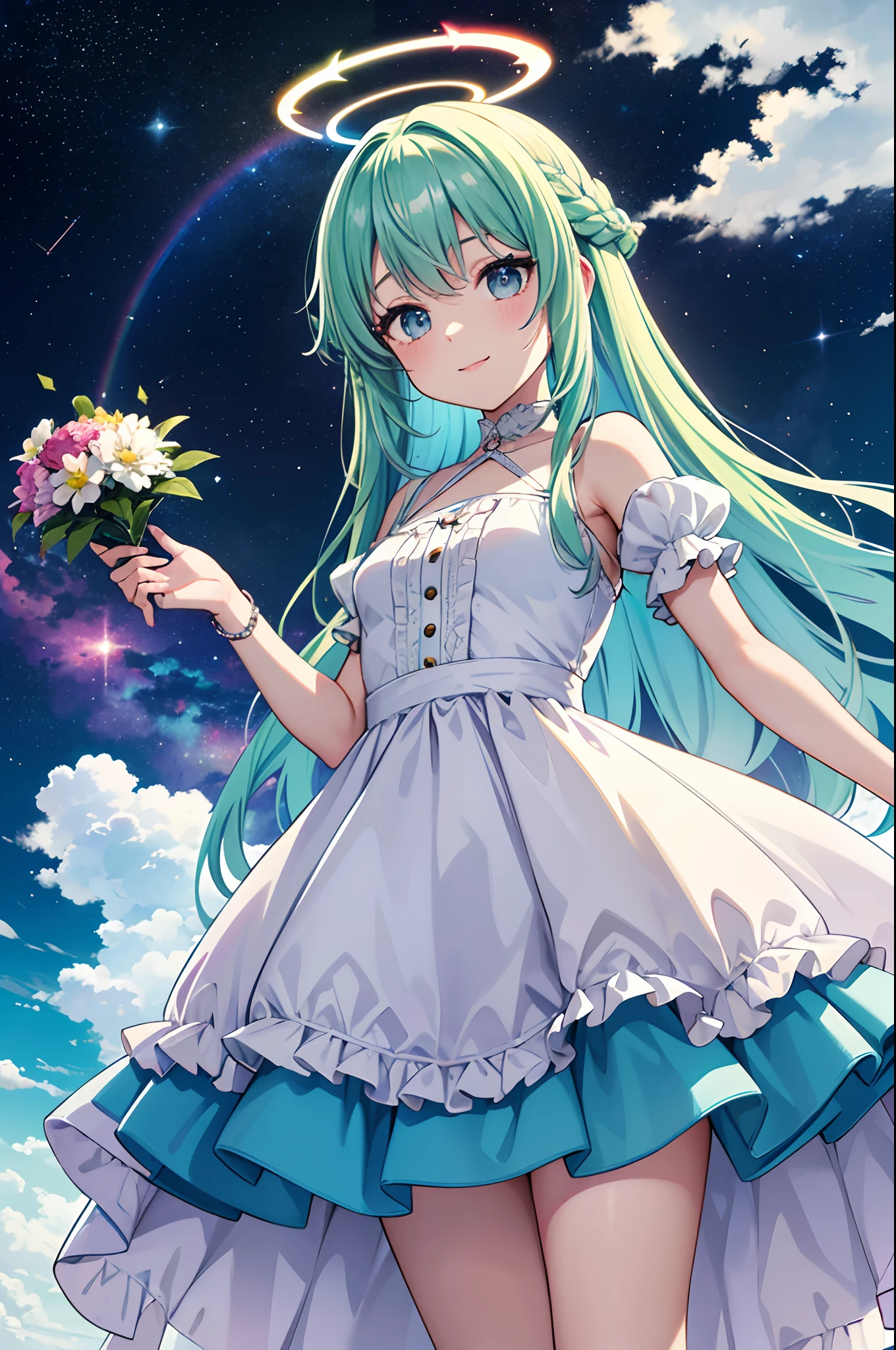 (thick thighs), (Curve), Green grass　hair, (Black eyes), 1 girl, pale skin, (Two-tone hair), Eyelashes, Smile, gleaming skin, Long light blue hair, Twin-tailed、nigh sky, nebulas, Galaxy, (Stars, inner strength), looking at you, Anime, beautiful anime eye, Beautiful detailed eyes, Eyes, Glittering eyes, (neons), Angelic, Halo, Flowers, (Colorful hair, rainbow hair, Liquid, Water, cloud, starrysky), Sleepy eyes), (lolita dress, detailed dress, Cute dress, fuffy dress,), Anime, rainbows, Style, (Flat)