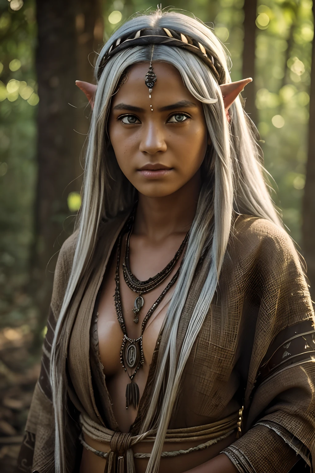 1girl,amazon girl,silver hair,(white eyes color),(white iris),teen,forest,hd,4k,8k,wearing tribal apparel,add detail,sweaty,looking at camera,(exotic skin),(dark skin),((no makeup)),((clear face)), nature beauty,detailed skin pores,raw image,aryan race,native girl, distant full body view,((tattered tribal apparel)),(burlap sack) clothing,village under poverty,miserable,her chest covered,poor people,elven ears,(((no accessories))),plain looking