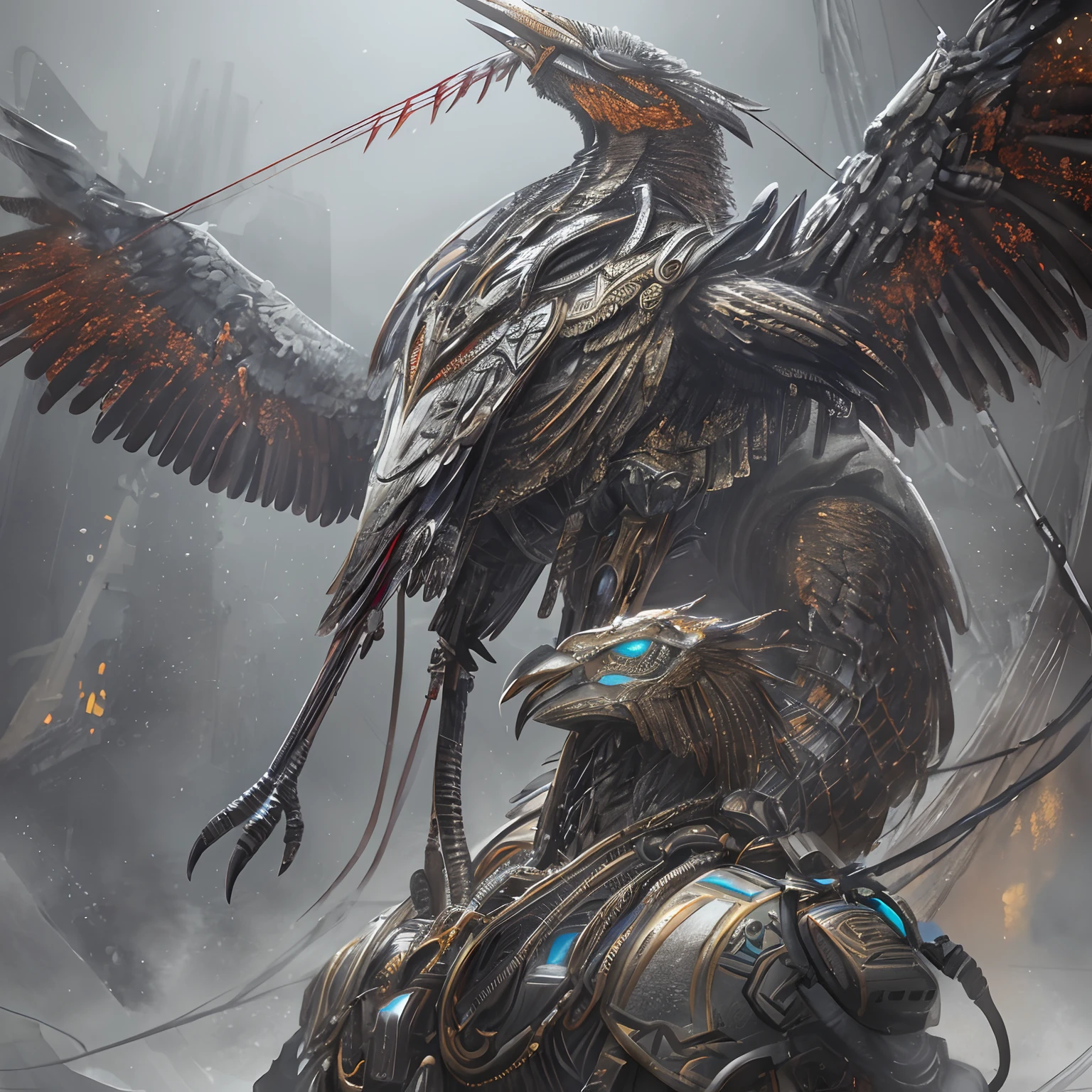 1mechanical bird,super realistic details, Global Illumination, shadowy, Octane Render, 8K, ultrasharp,Convoluted, ornaments detailed, cold color, Metal, Egyptian details, highly intricate detail, Realistic light, Trending on CGSociety, Glowing eyes, Facing Camera, neon details, machanical wings,blood vessels connected to tubes,mechanical vertebra attaching to the back,mechanical cervial attaching to neck,Sitting,wires and cables connecting to head.
