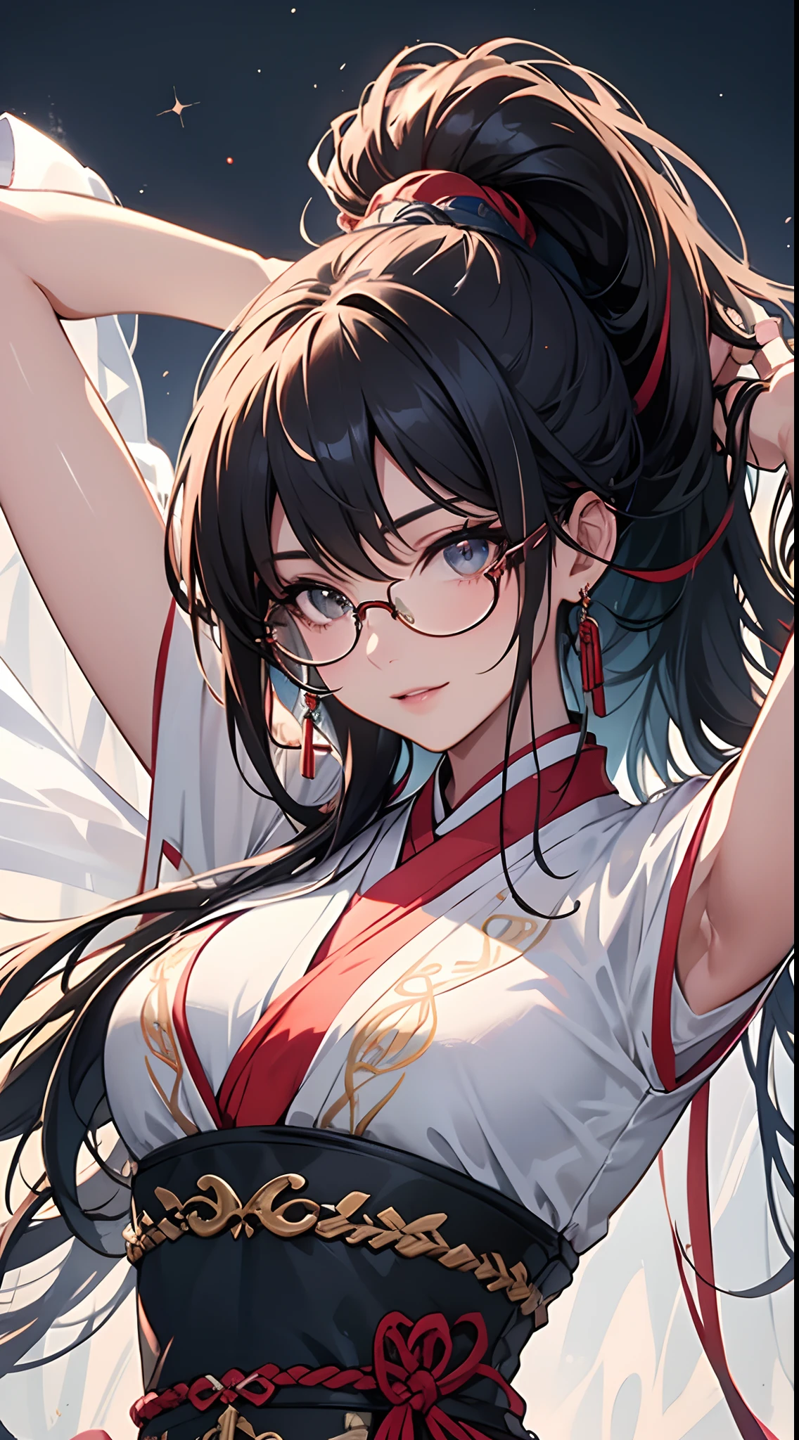 artwork, best illustrative, masterpiece, hd, ultra hd, 8k ultra hd cg artwork , high resolution, 1women, solo, hips up, look at viewer, (detailed face), red hair, long hair, Taoist robe,oversized clothes, jewelry, midjourney portrait, day background, expert shading, megane, eyeglasses, large breasts, white skin, sparkling background, sparkling eyes, alluring face, lovely face, cute smile, multicolored hair, shining hair, shiny, girl with eyeglasses, eye wear, upper body view, focus, detailed eyes, perfect hands, perfect arms, hanfu, girl wearing hanfu, embarrassed, fixing eyeglasses, hand on eyeglasses, detailed background, intense bright, looking at viewer, face to face, face towards viewer, body facing toward viewer, upper body focus, ponytail hair, short ponytail, high ponytail, tying hair, hands up, arms up