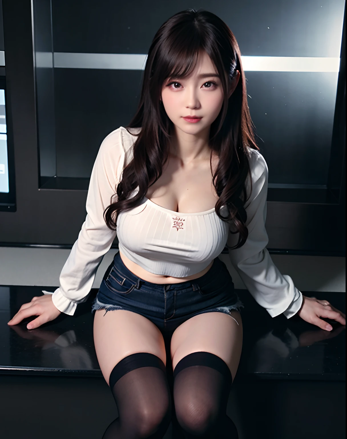 ((Top quality, 8K, Masterpiece: 1.3)), Sharp focus: 1.2, Perfect style, Transparent white panties, (((Spread your legs, bends his knees)))), (Open your mouth: 1.8), (Close your eyes: 0.7), Attractive feminine body, Beautiful, Beautiful, most famous in the world, a constriction of the waist, Beautiful legs, taut skin, Very detailed face and skin texture, Detailed eyes, Double eyelids, Pale cheeks, Healthy skin, (Layered Hair Style, Dark brown hair), (Exposed breasts), (disheveled clothes and hair: 1.2)), (Elegant flight attendant uniform: 1.2), (Huge breasts), (Natural breasts, Natural cleavage), (In an incredibly crowded cinema)), From below, ((blushing violently: 1.8)),