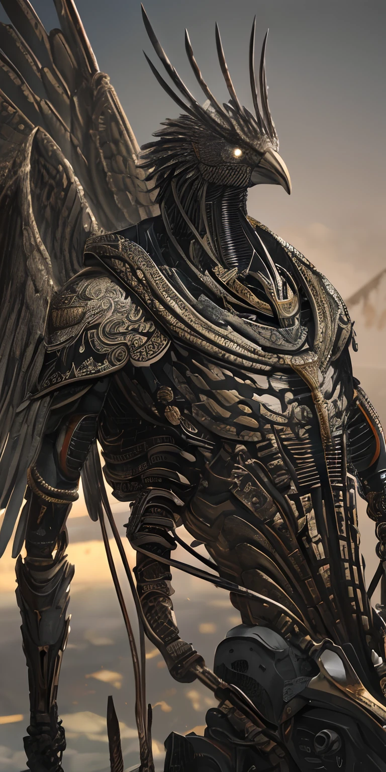 1mechanical bird,super realistic details, Global Illumination, shadowy, Octane Render, 8K, ultrasharp,Convoluted, ornaments detailed, cold color, Metal, Egyptian details, highly intricate detail, Realistic light, Trending on CGSociety, Glowing eyes, Facing Camera, neon details, machanical limbs,blood vessels connected to tubes,mechanical vertebra attaching to the back,mechanical cervial attaching to neck,Sitting,wires and cables connecting to head.